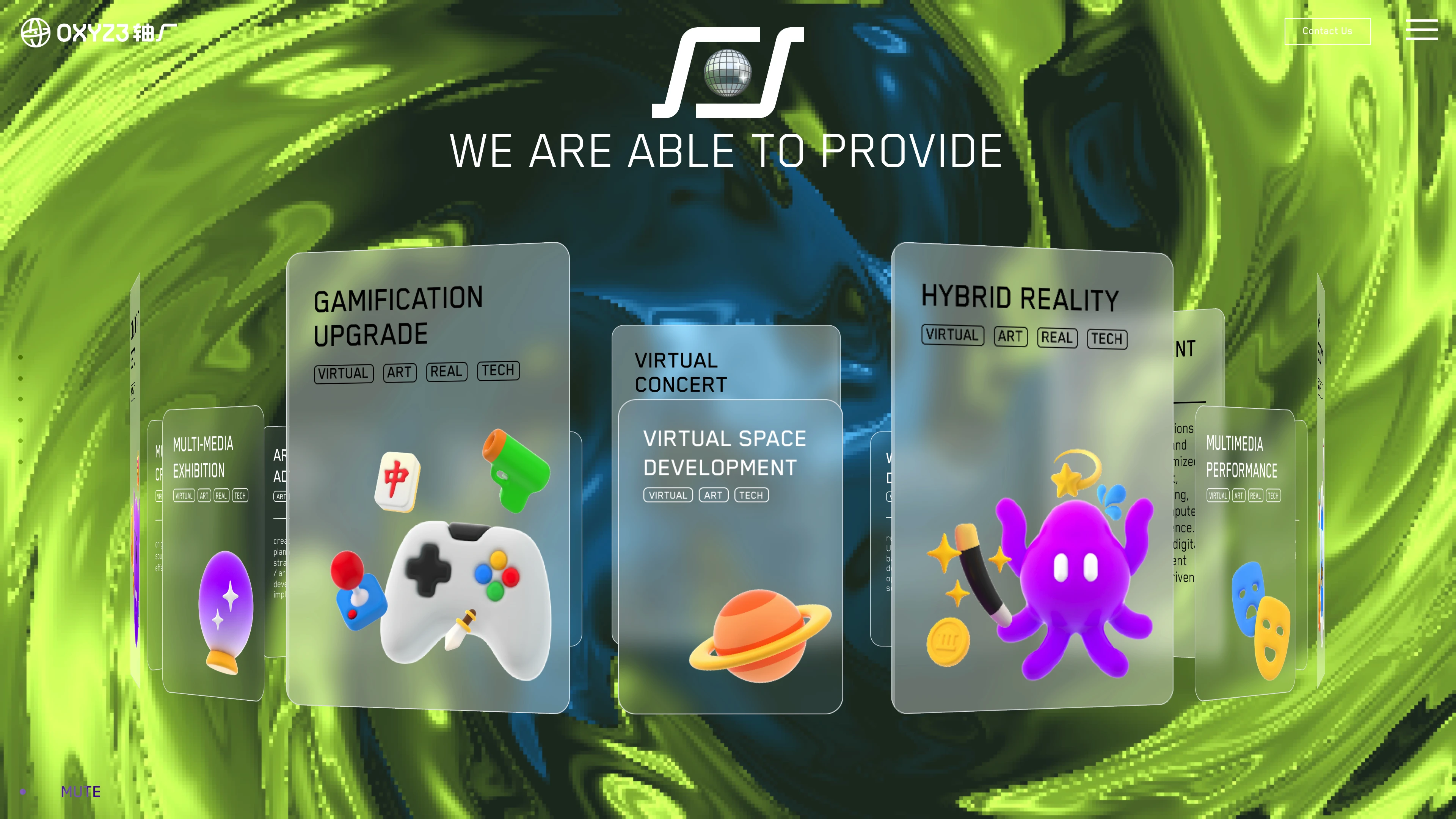 Full page screenshot of the OXYZ3 website. From concept to visual realization, including 3D modeling, animation, …