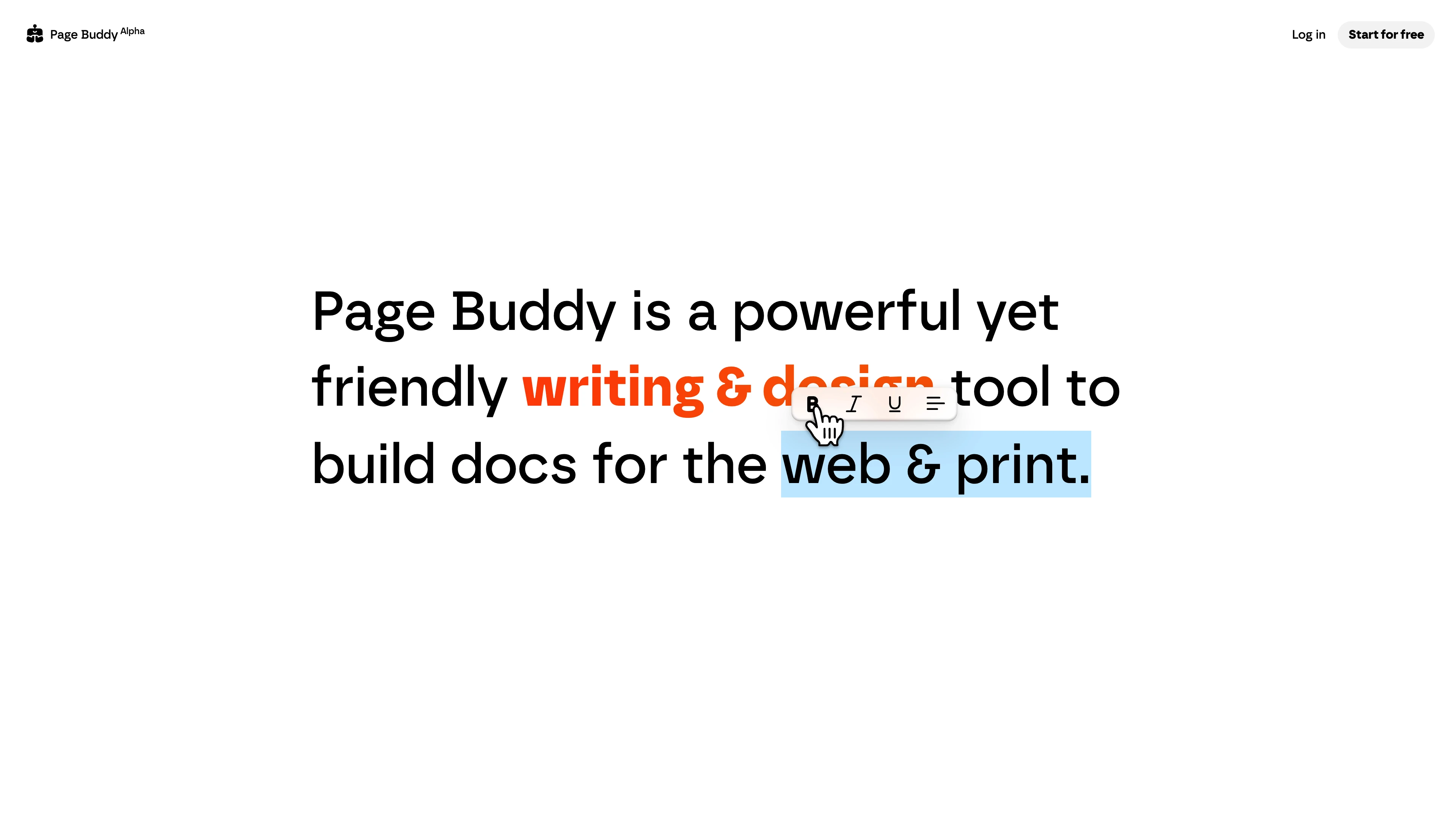 Full page screenshot of the Page Buddy website. Page Buddy is a powerful yet friendly writing & design tool to build docs for …