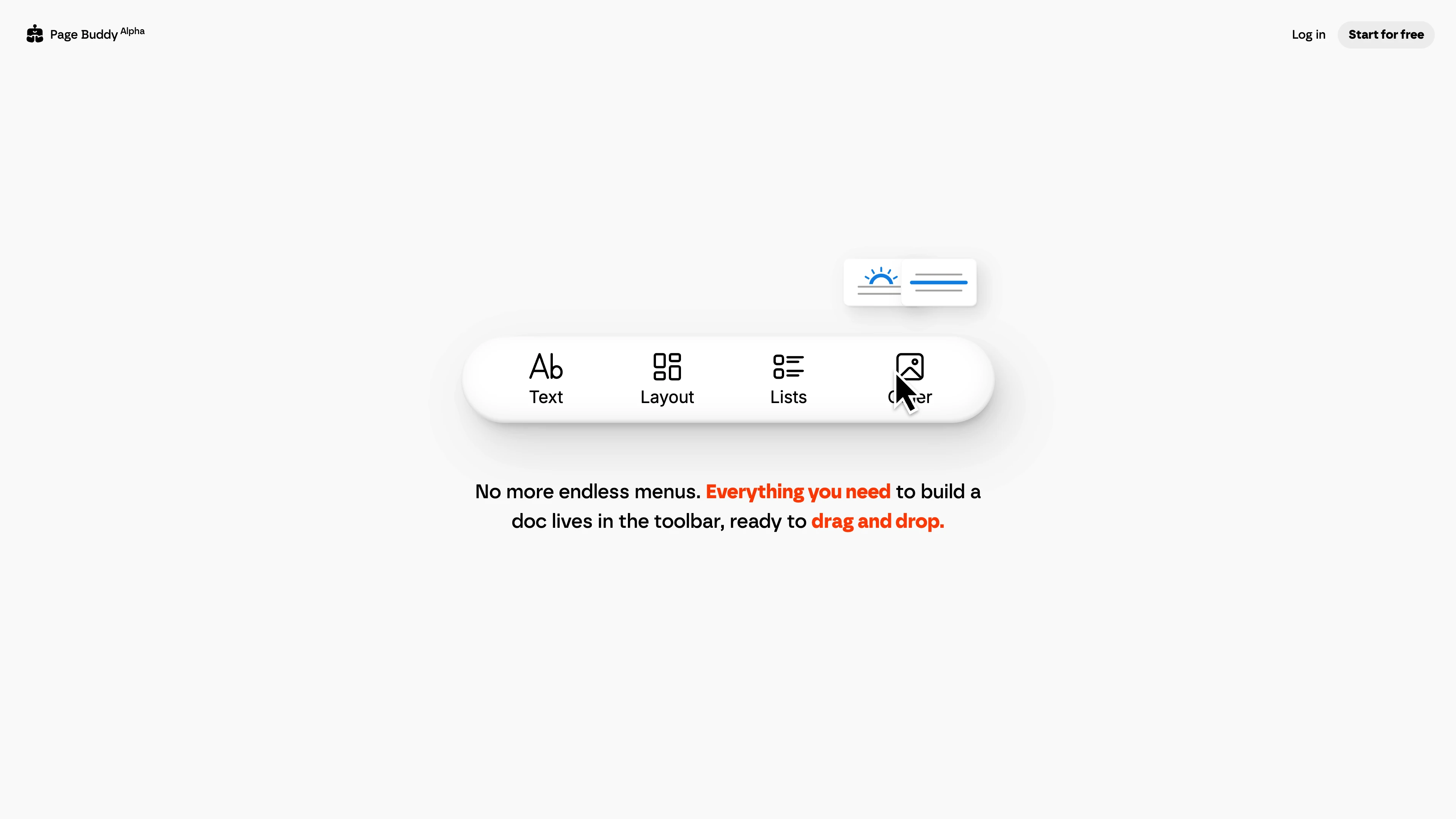 Full page screenshot of the Page Buddy website. Page Buddy is a powerful yet friendly writing & design tool to build docs for …