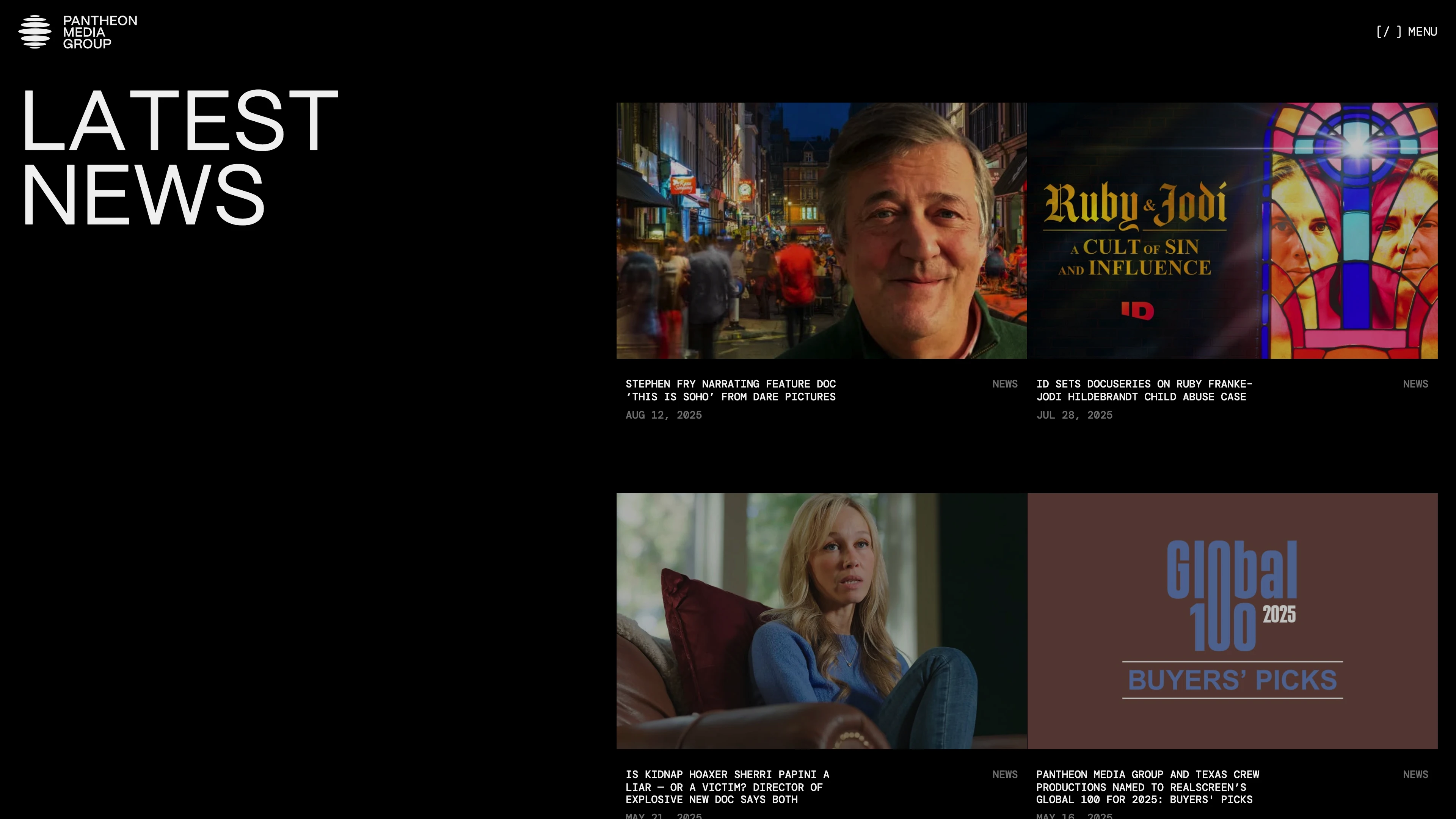 Full page screenshot of the Pantheon Media website. Pantheon Media Group is one of the fastest-growing companies in entertainment. …