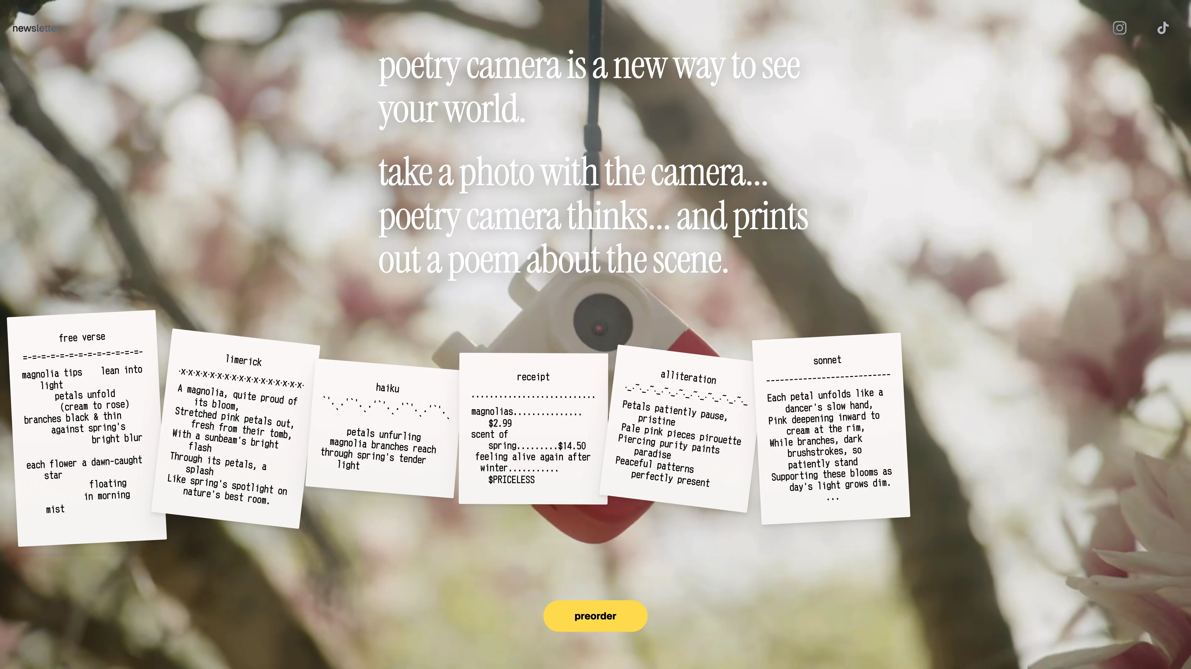 Full page screenshot of the poetry camera website. poetry camera is a new way to see your world. take a photo with the camera... …