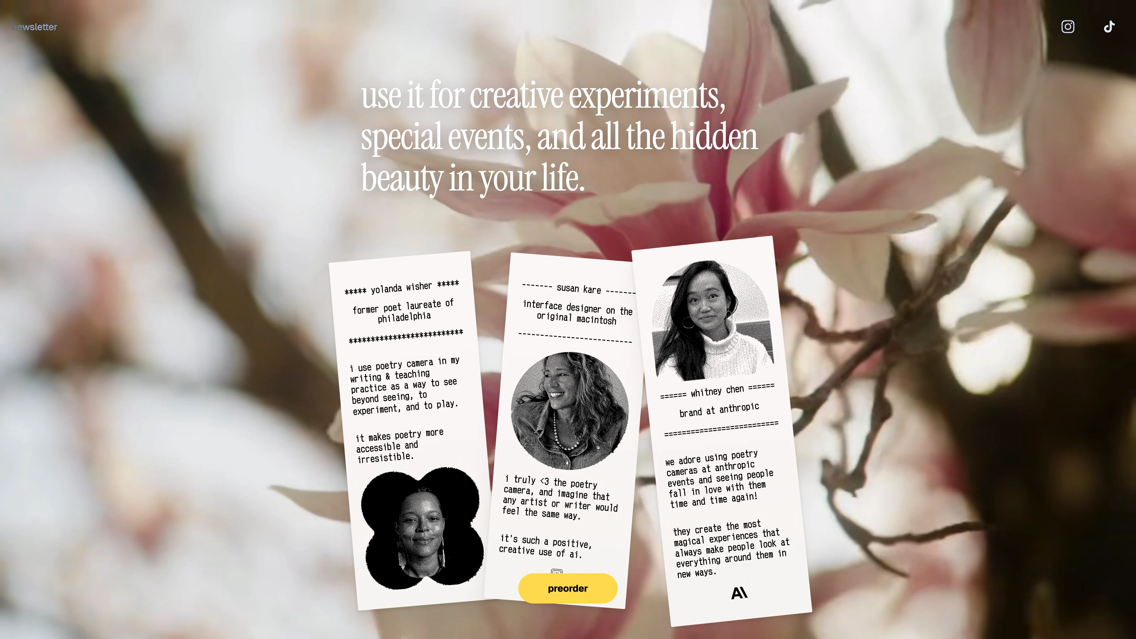 Full page screenshot of the poetry camera website. poetry camera is a new way to see your world. take a photo with the camera... …