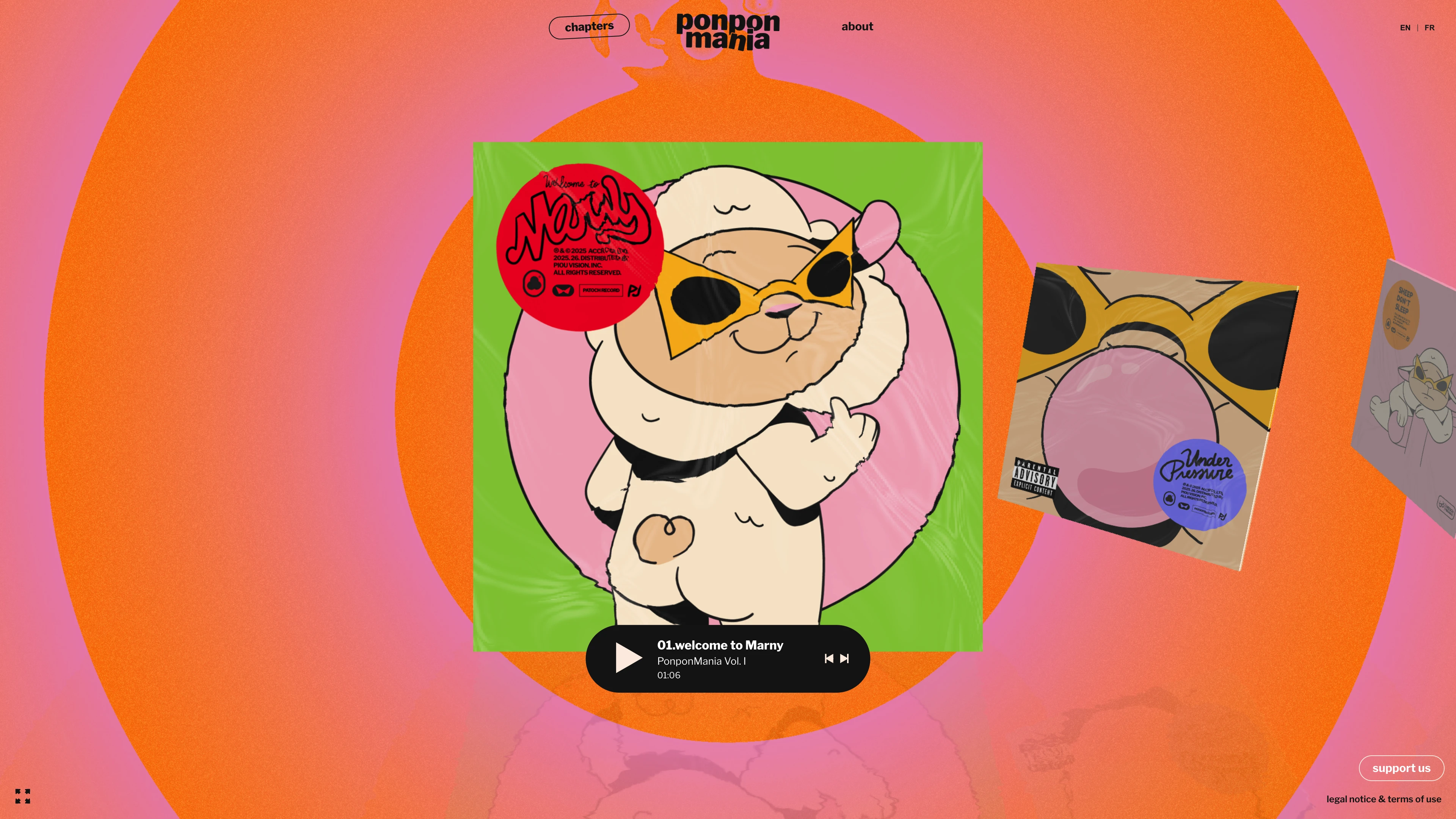 Full page screenshot of the Ponpon Mania website. Ponpon Mania is an interactive comic. Follow the adventure of a megalomaniac …