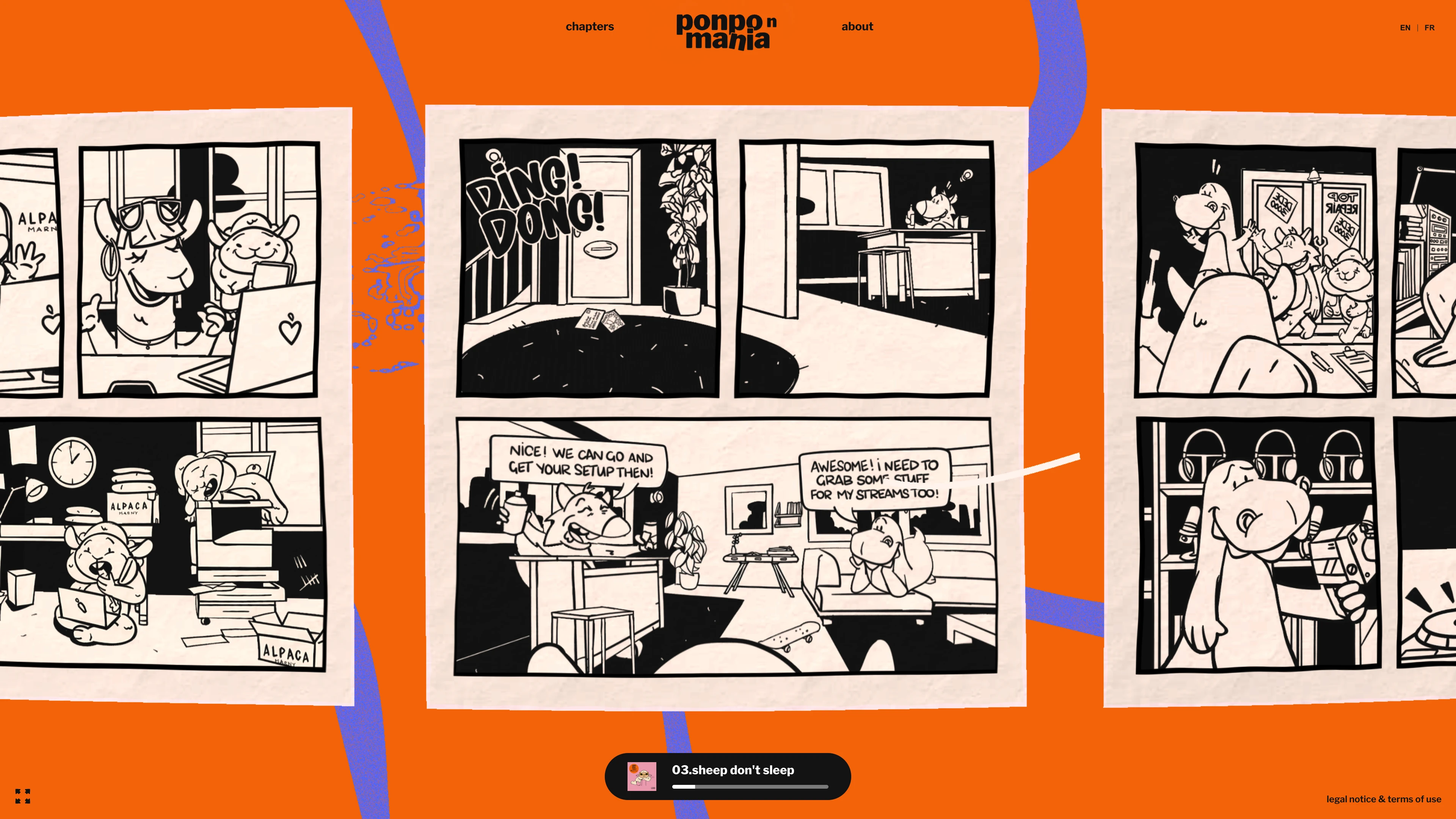 Full page screenshot of the Ponpon Mania website. Ponpon Mania is an interactive comic. Follow the adventure of a megalomaniac …