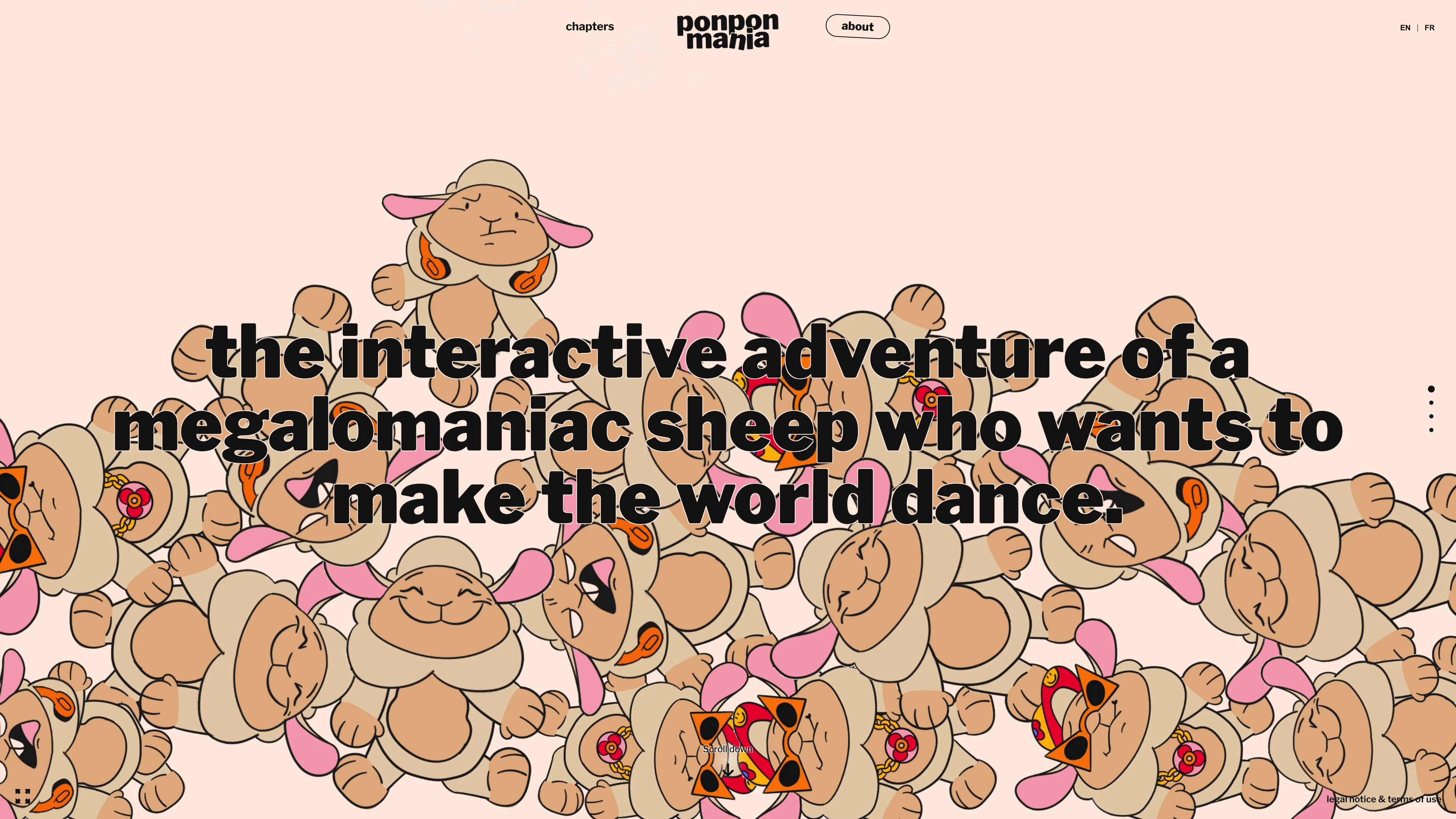 Full page screenshot of the Ponpon Mania website. Ponpon Mania is an interactive comic. Follow the adventure of a megalomaniac …