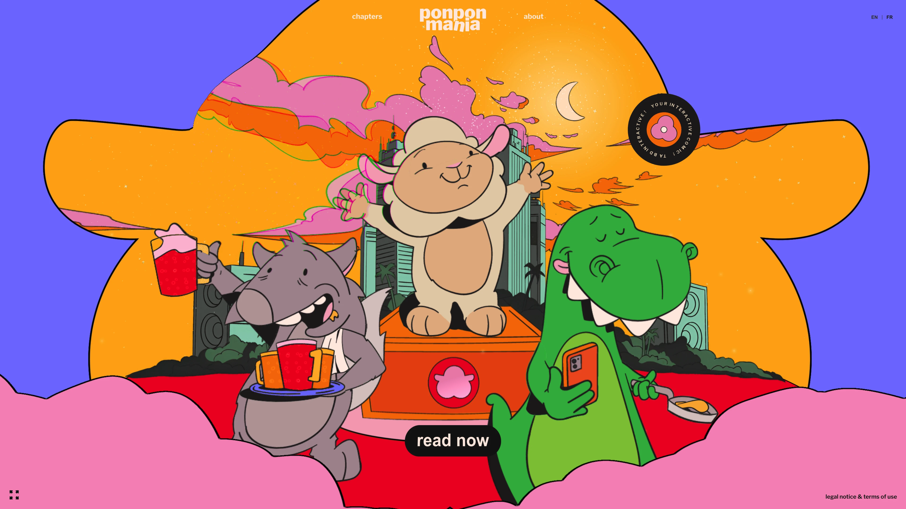 Full page screenshot of the Ponpon Mania website. Ponpon Mania is an interactive comic. Follow the adventure of a megalomaniac …