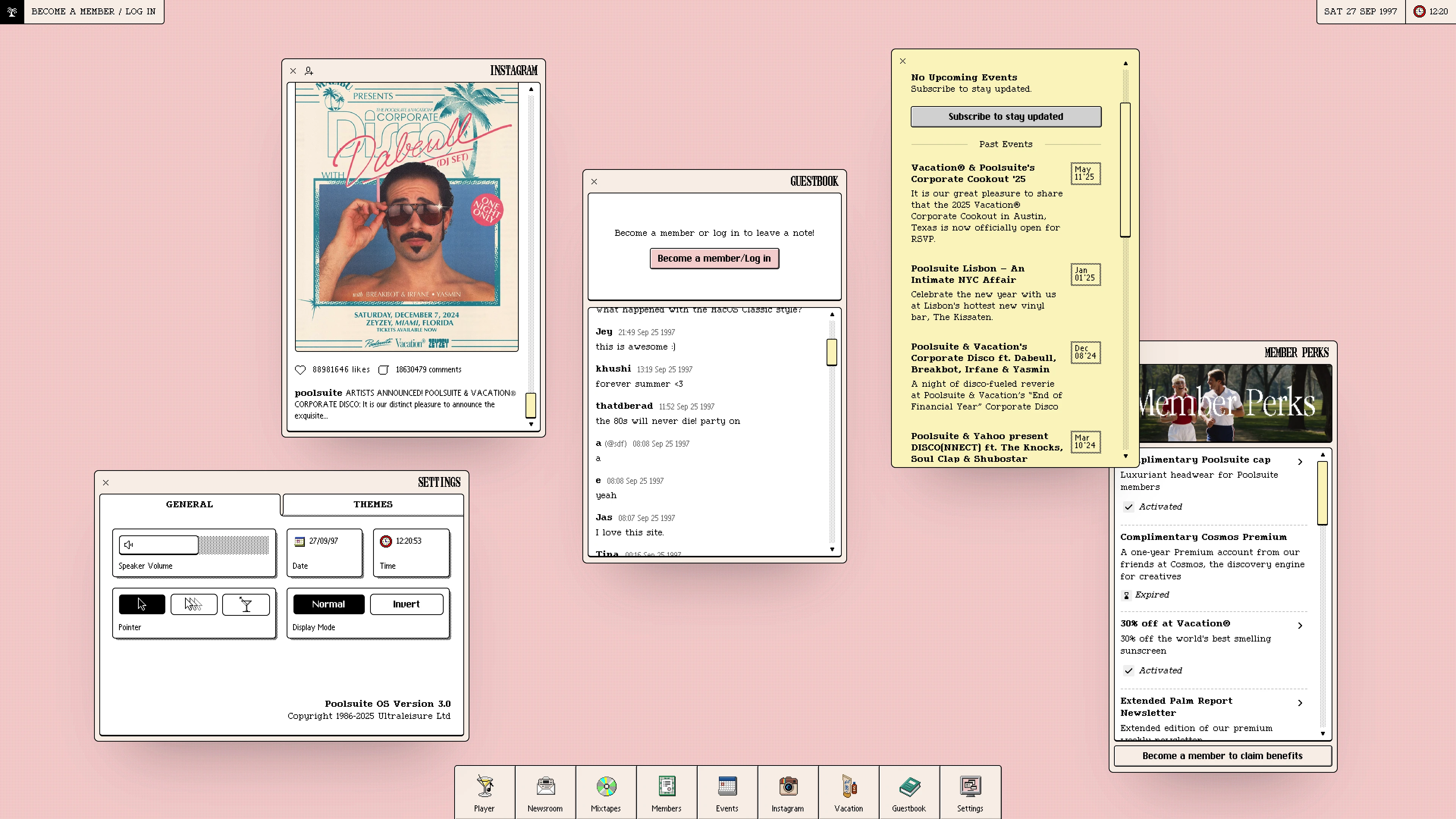 Full page screenshot of the Poolsuite website. The ultra-summer internet radio station, playing an infinity pool of summer …