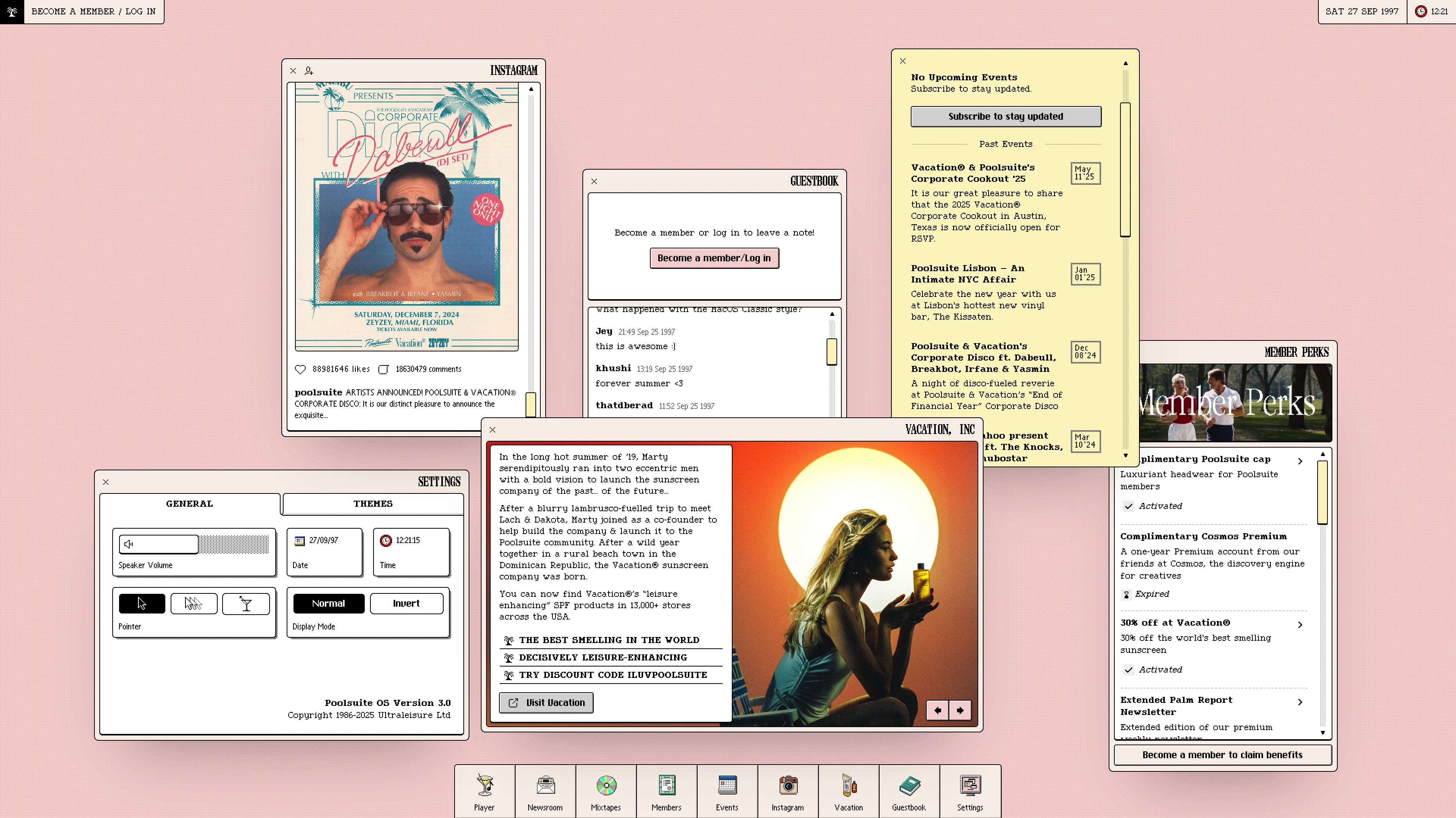 Full page screenshot of the Poolsuite website. The ultra-summer internet radio station, playing an infinity pool of summer …