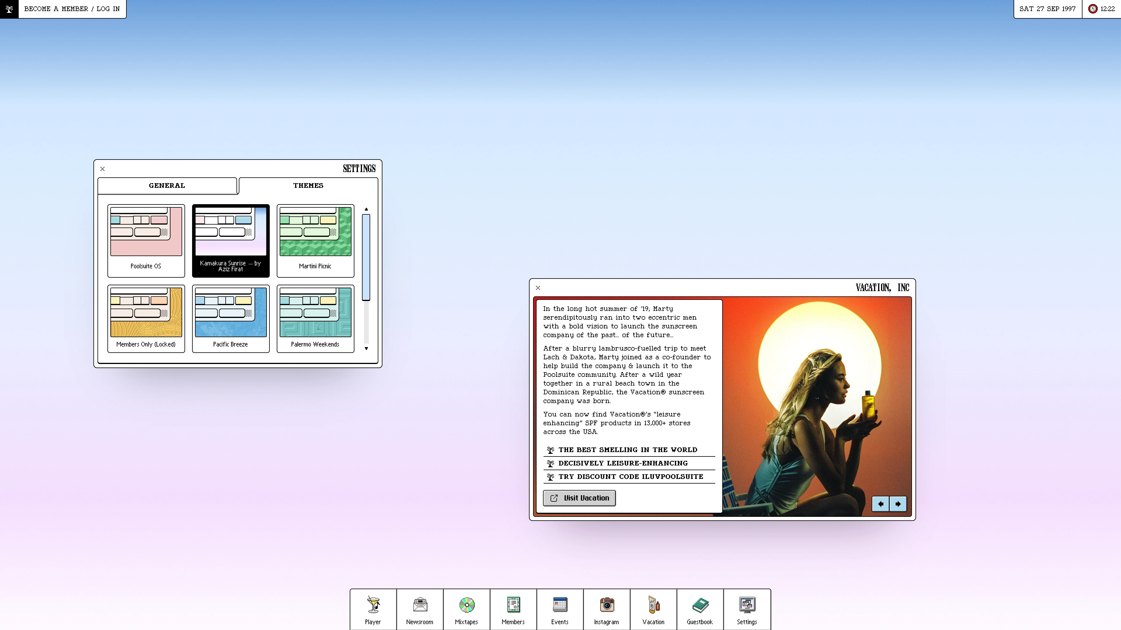 Full page screenshot of the Poolsuite website. The ultra-summer internet radio station, playing an infinity pool of summer …