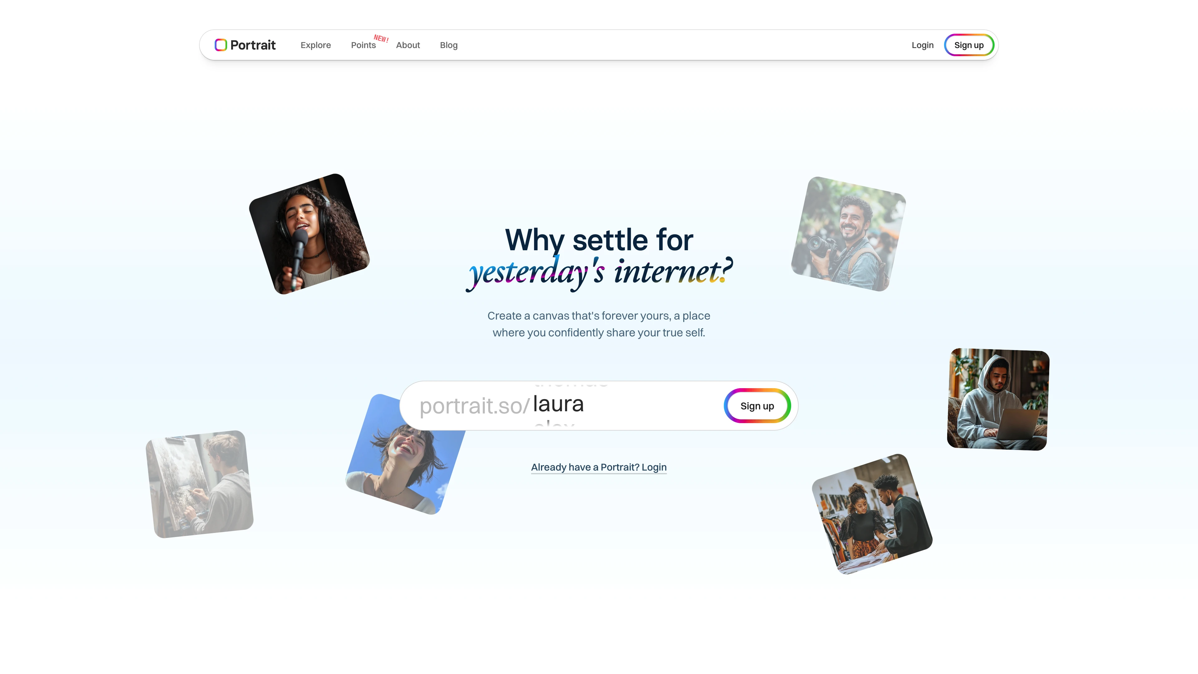 Full page screenshot of the Portrait website. Where your digital self is truly yours. Your forever space for everything you …