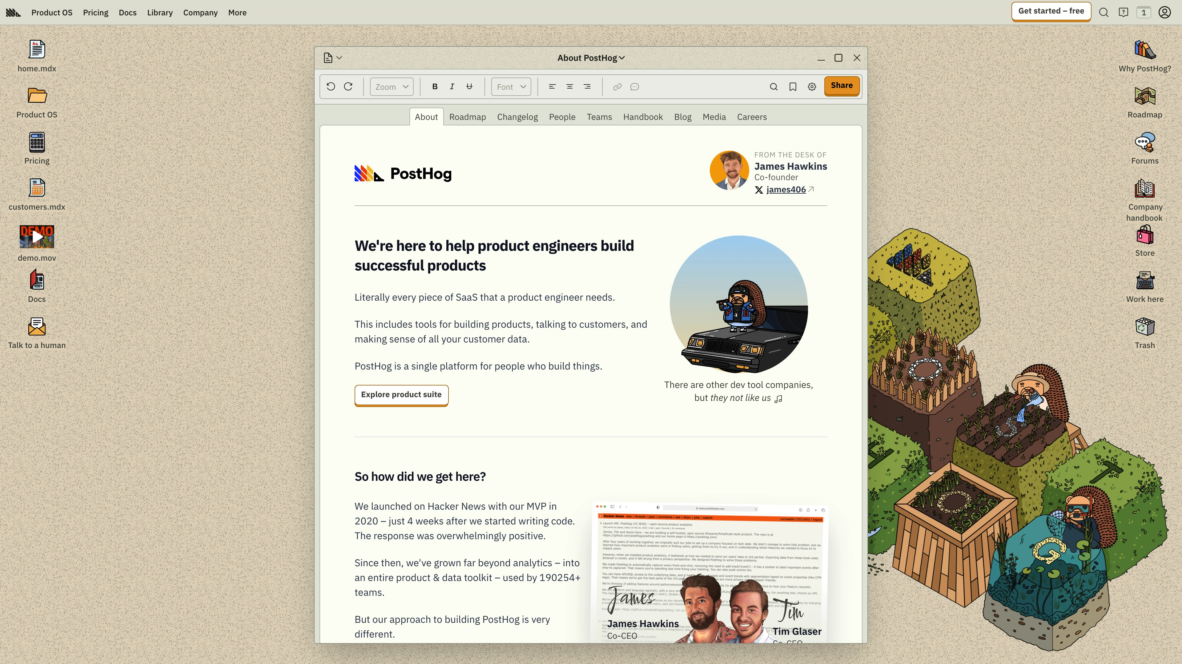 Full page screenshot of the PostHog website. We’re building every tool for product engineers to build successful products.