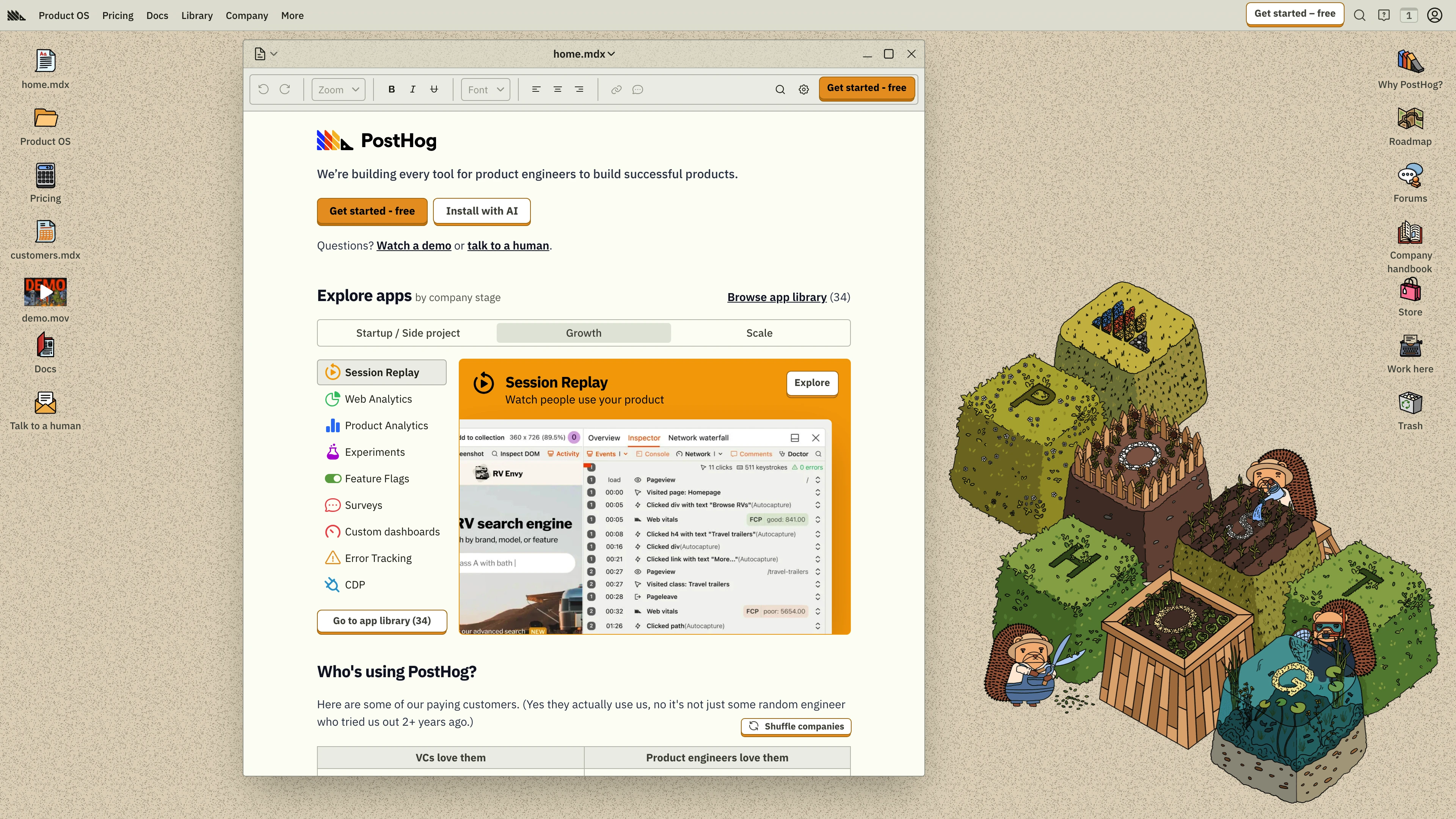 Full page screenshot of the PostHog website. We’re building every tool for product engineers to build successful products.