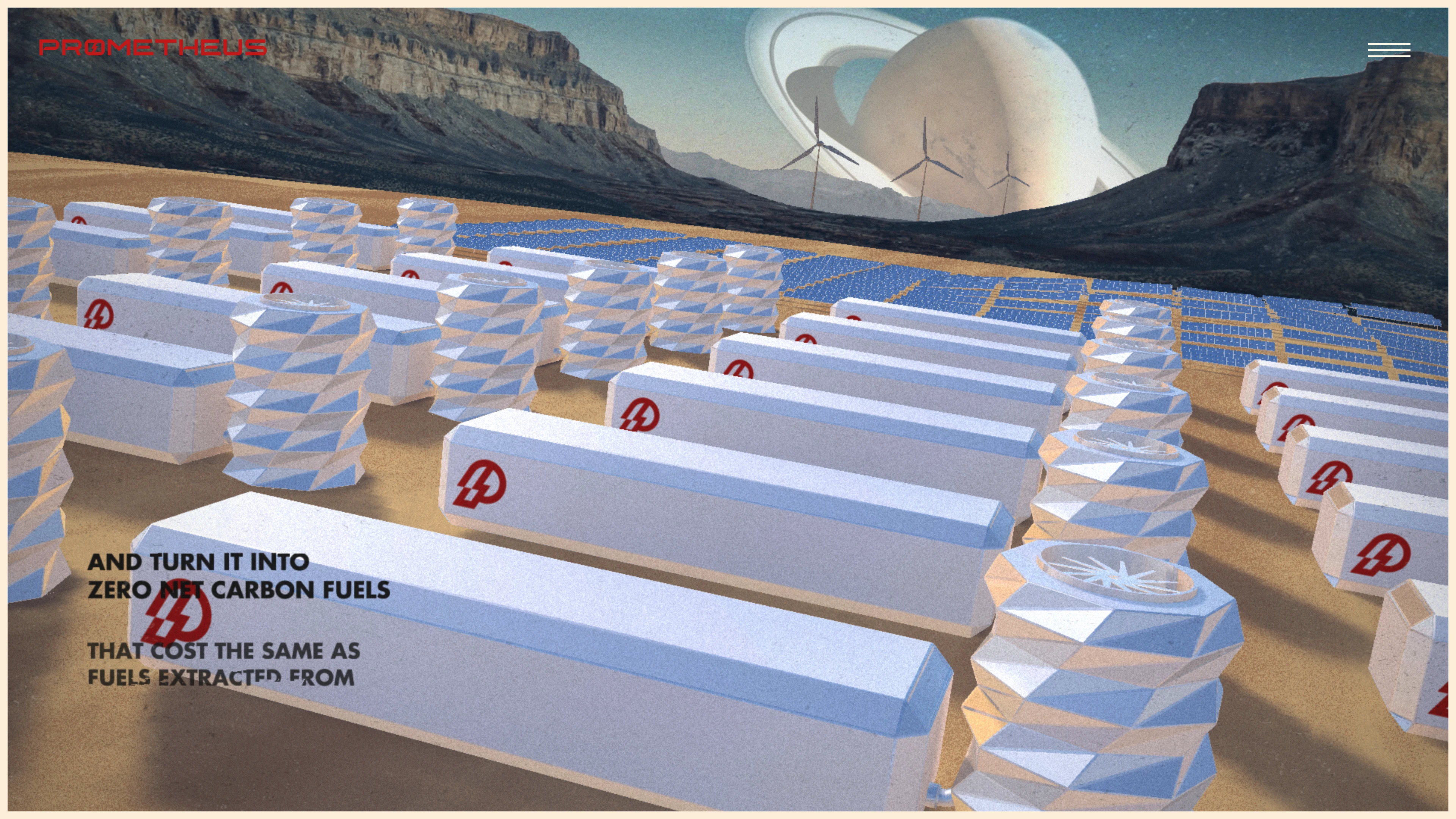 Full page screenshot of the Prometheus Fuels website. We remove CO2 from the air and turn it into gasoline and jet fuel. Our fuels are …