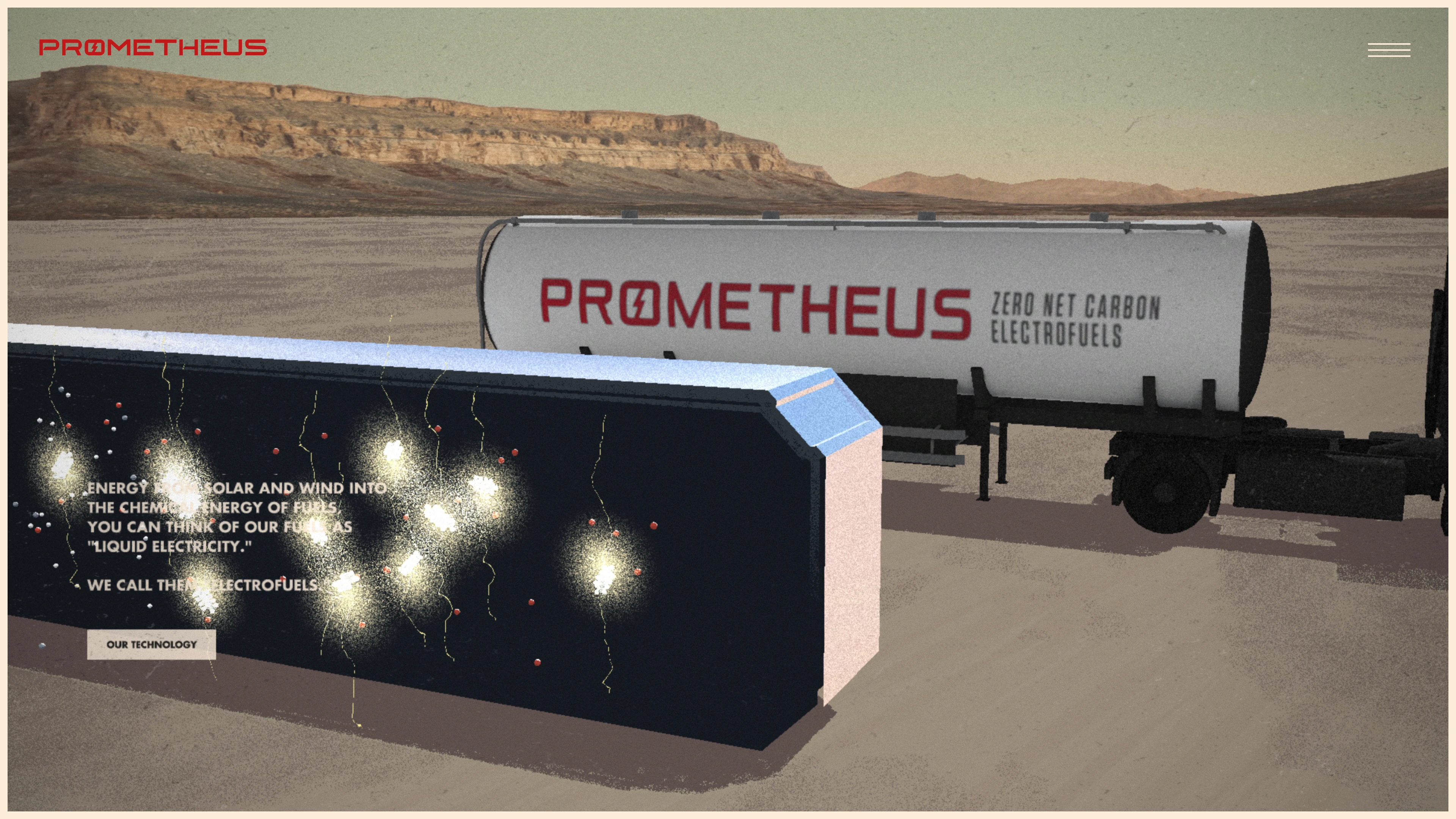 Full page screenshot of the Prometheus Fuels website. We remove CO2 from the air and turn it into gasoline and jet fuel. Our fuels are …