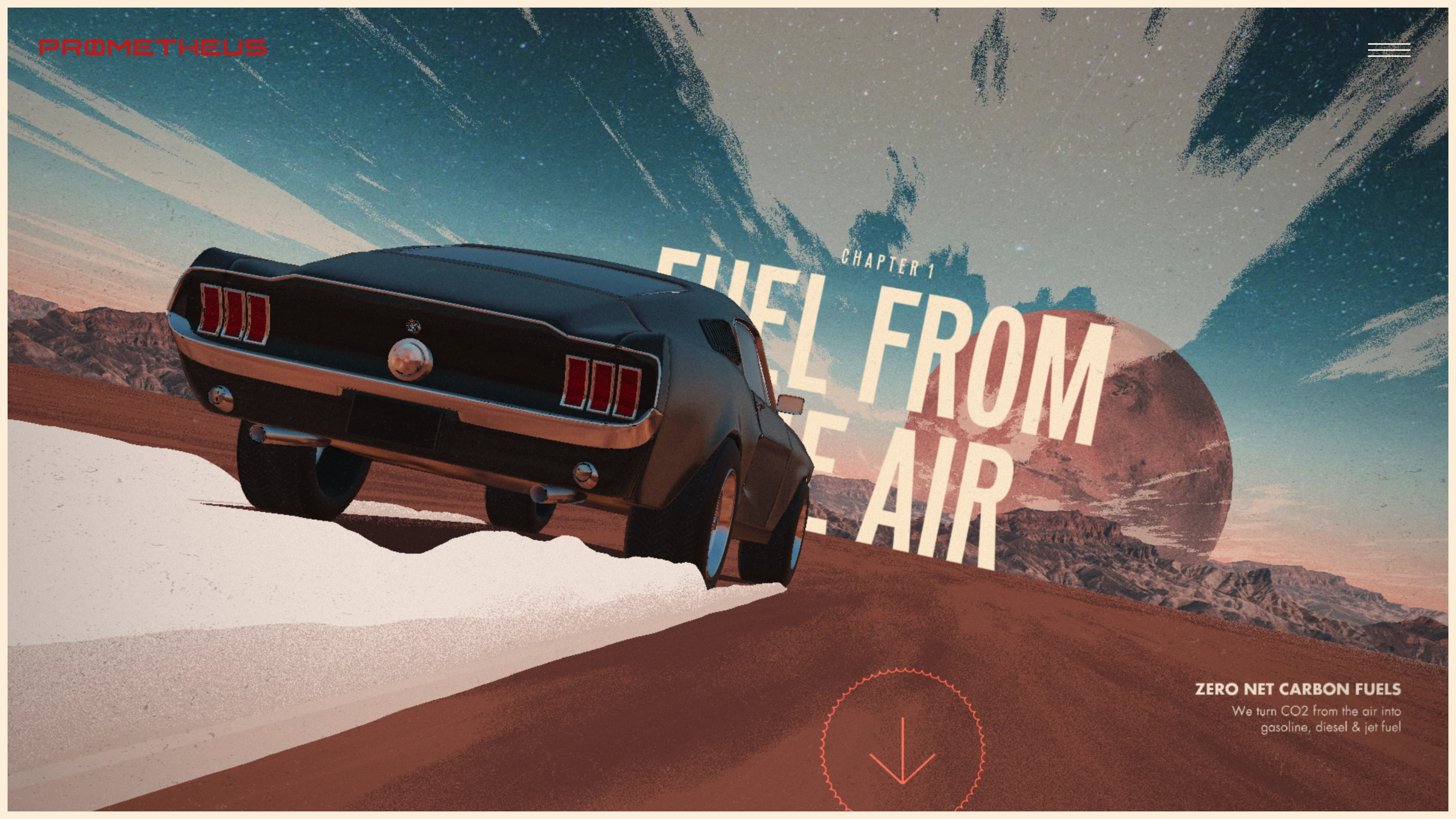 Full page screenshot of the Prometheus Fuels website. We remove CO2 from the air and turn it into gasoline and jet fuel. Our fuels are …