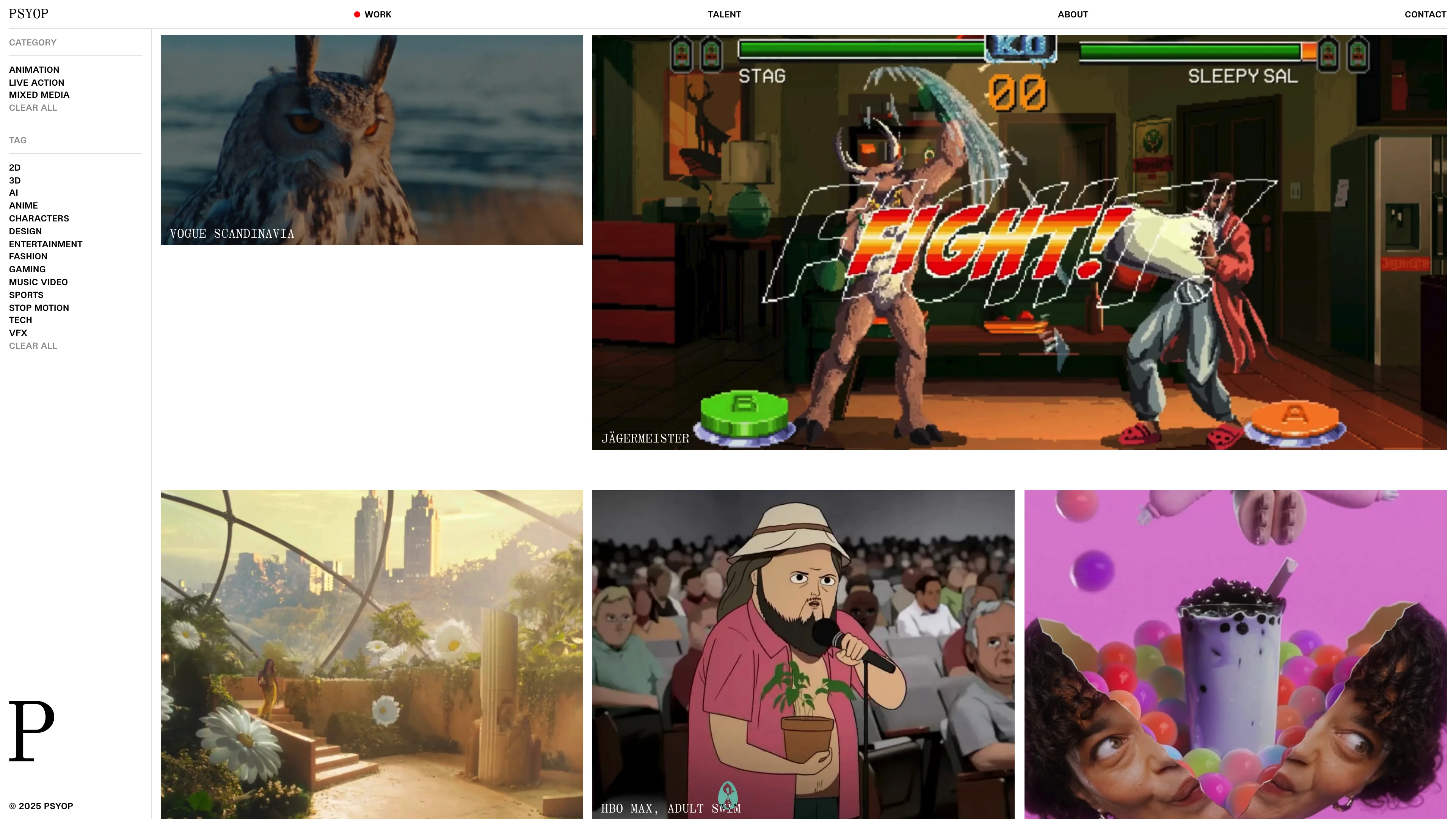 Full page screenshot of the Psyop website. An independent, artist-led mixed media studio hell-bent on what's next.