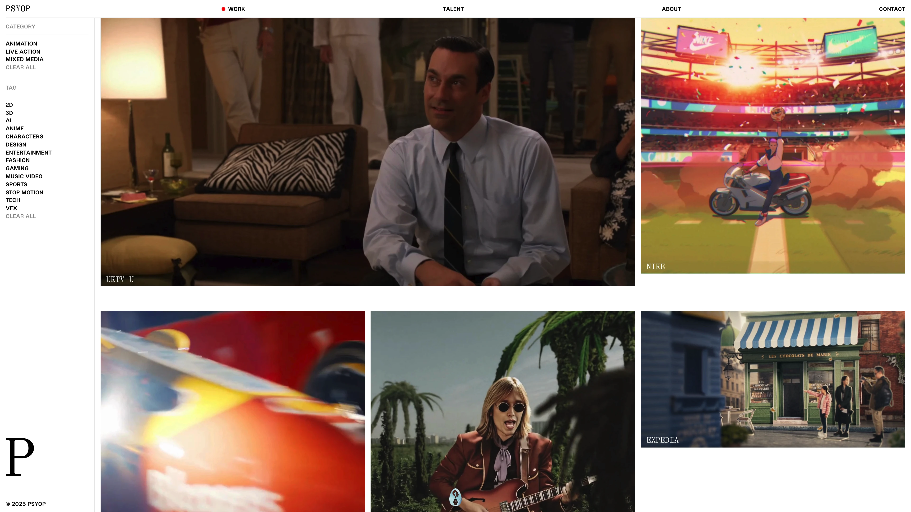 Full page screenshot of the Psyop website. An independent, artist-led mixed media studio hell-bent on what's next.