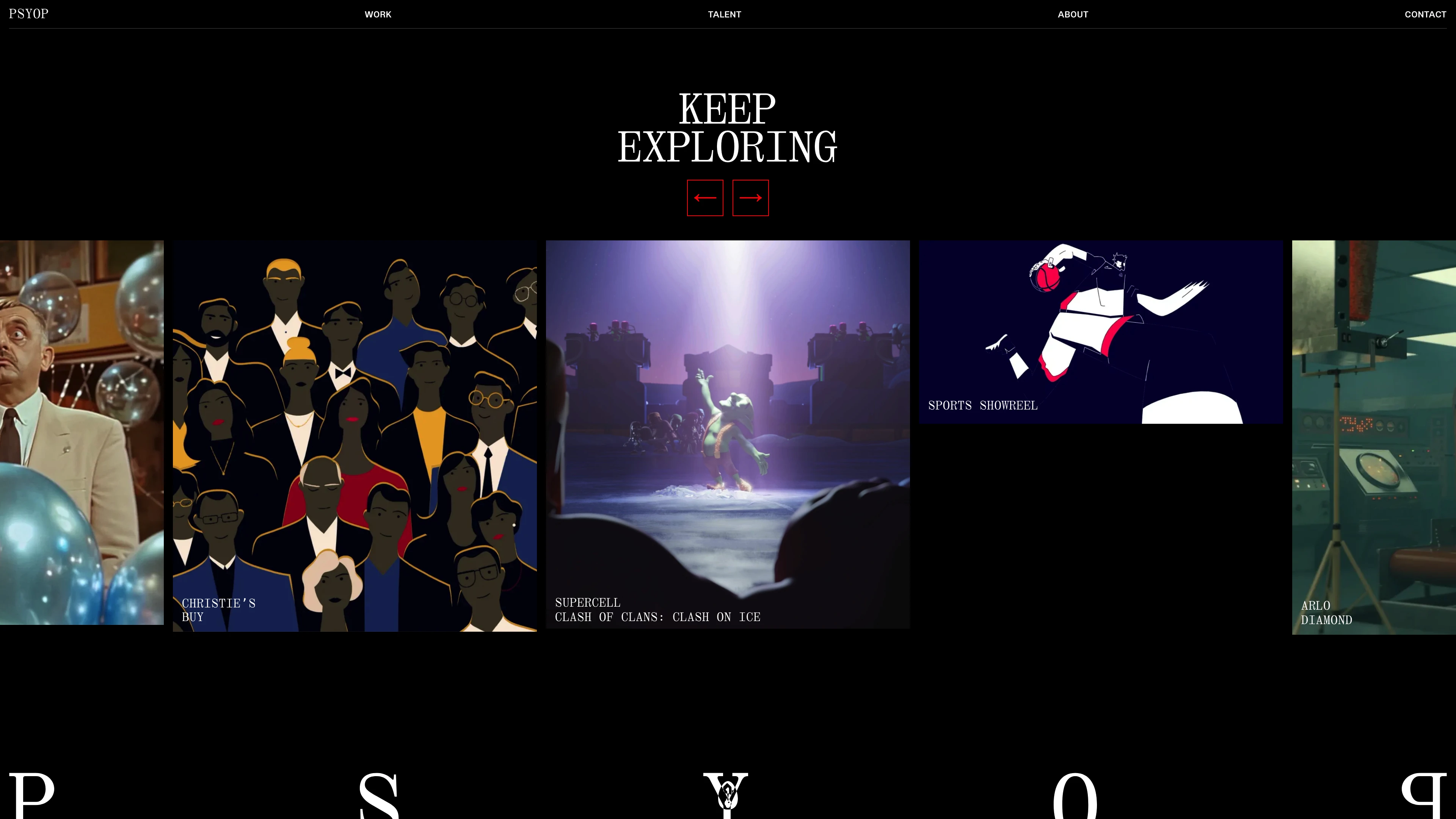 Full page screenshot of the Psyop website. An independent, artist-led mixed media studio hell-bent on what's next.