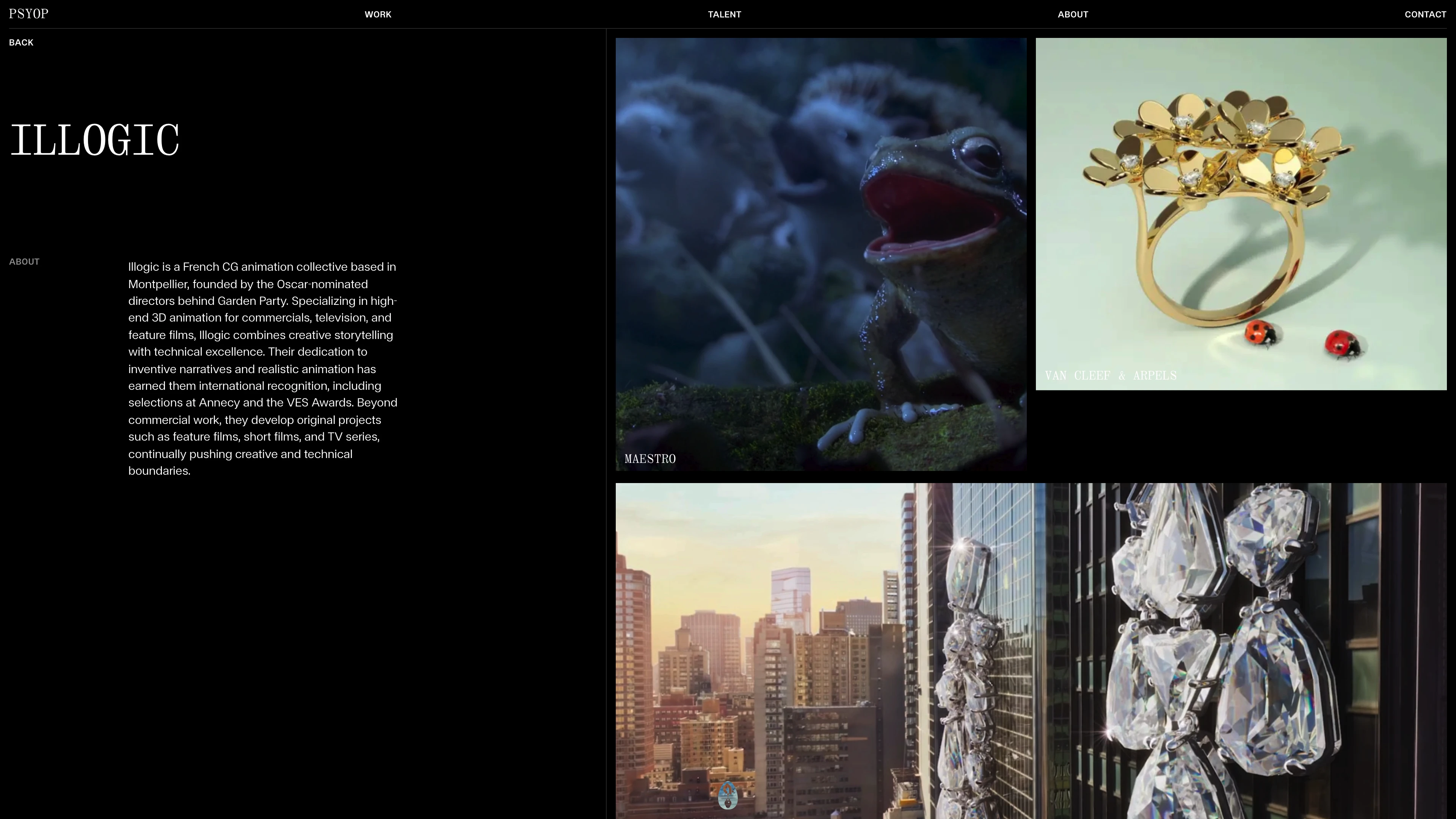 Full page screenshot of the Psyop website. An independent, artist-led mixed media studio hell-bent on what's next.