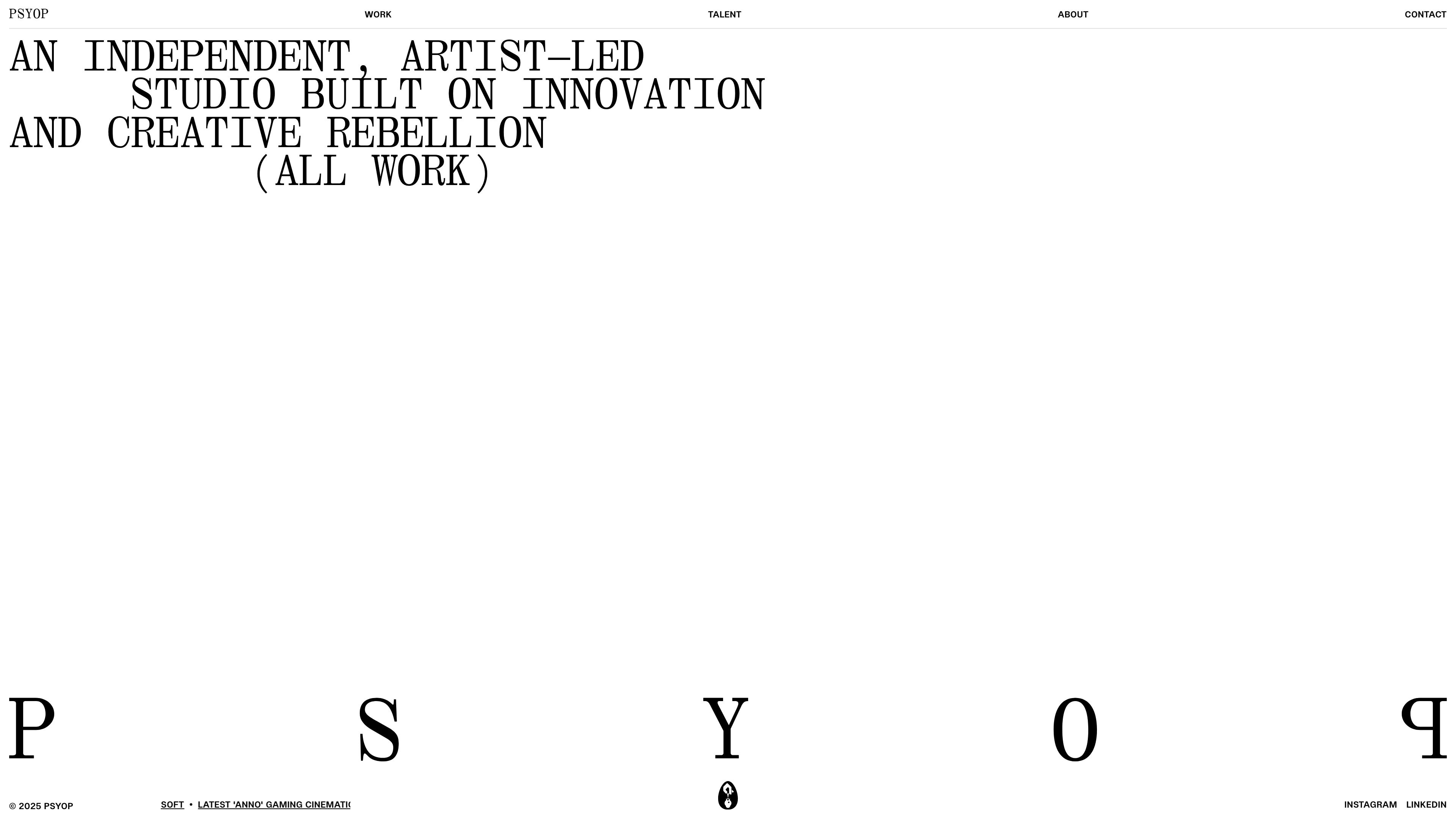 Full page screenshot of the Psyop website. An independent, artist-led mixed media studio hell-bent on what's next.