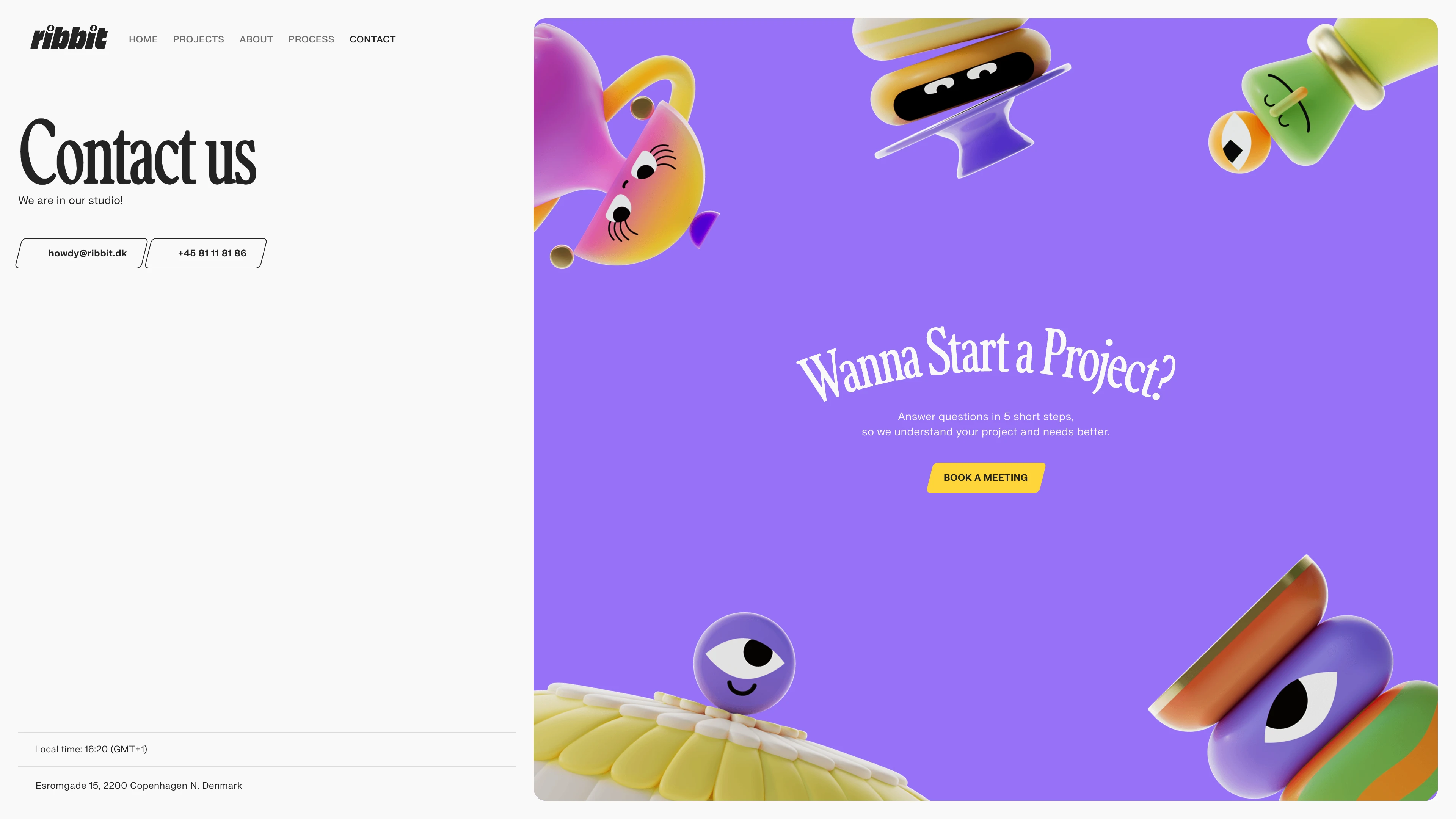 Full page screenshot of the Ribbit website. Ribbit is a creative motion agency based in Copenhagen founded to create …