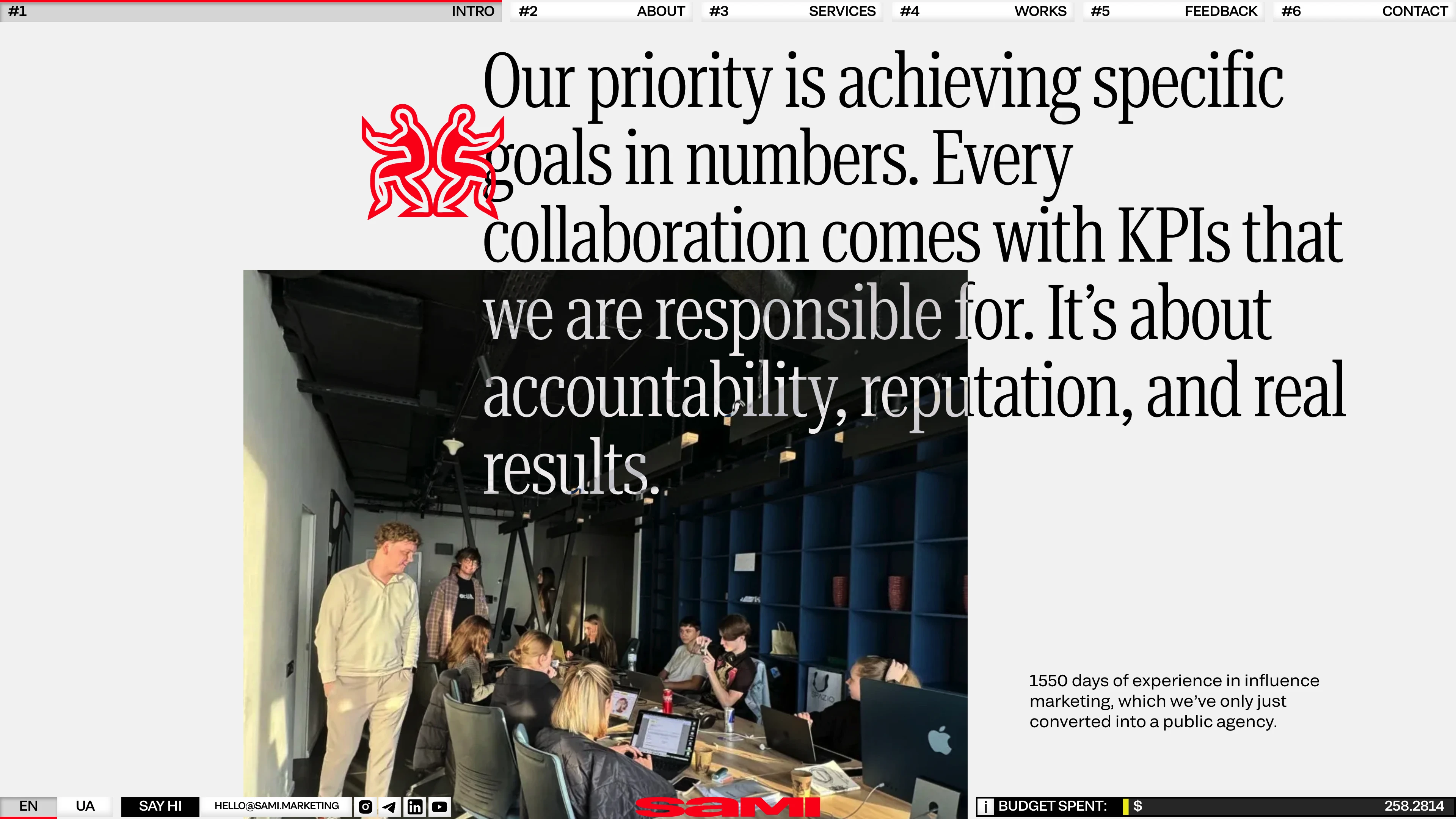 Full page screenshot of the SAMI website. Influence marketing & Personal brands. We work across different industries to …