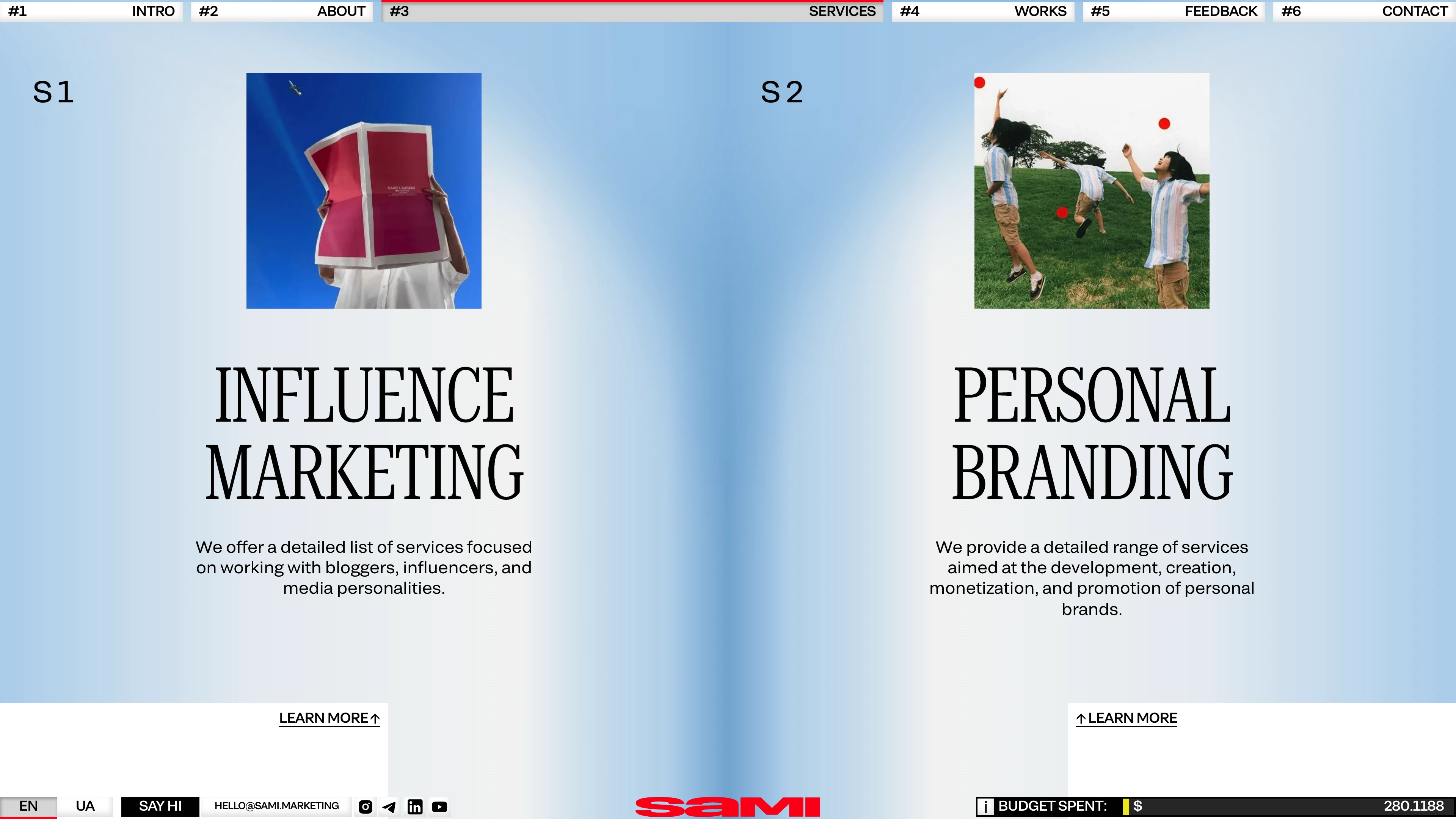 Full page screenshot of the SAMI website. Influence marketing & Personal brands. We work across different industries to …