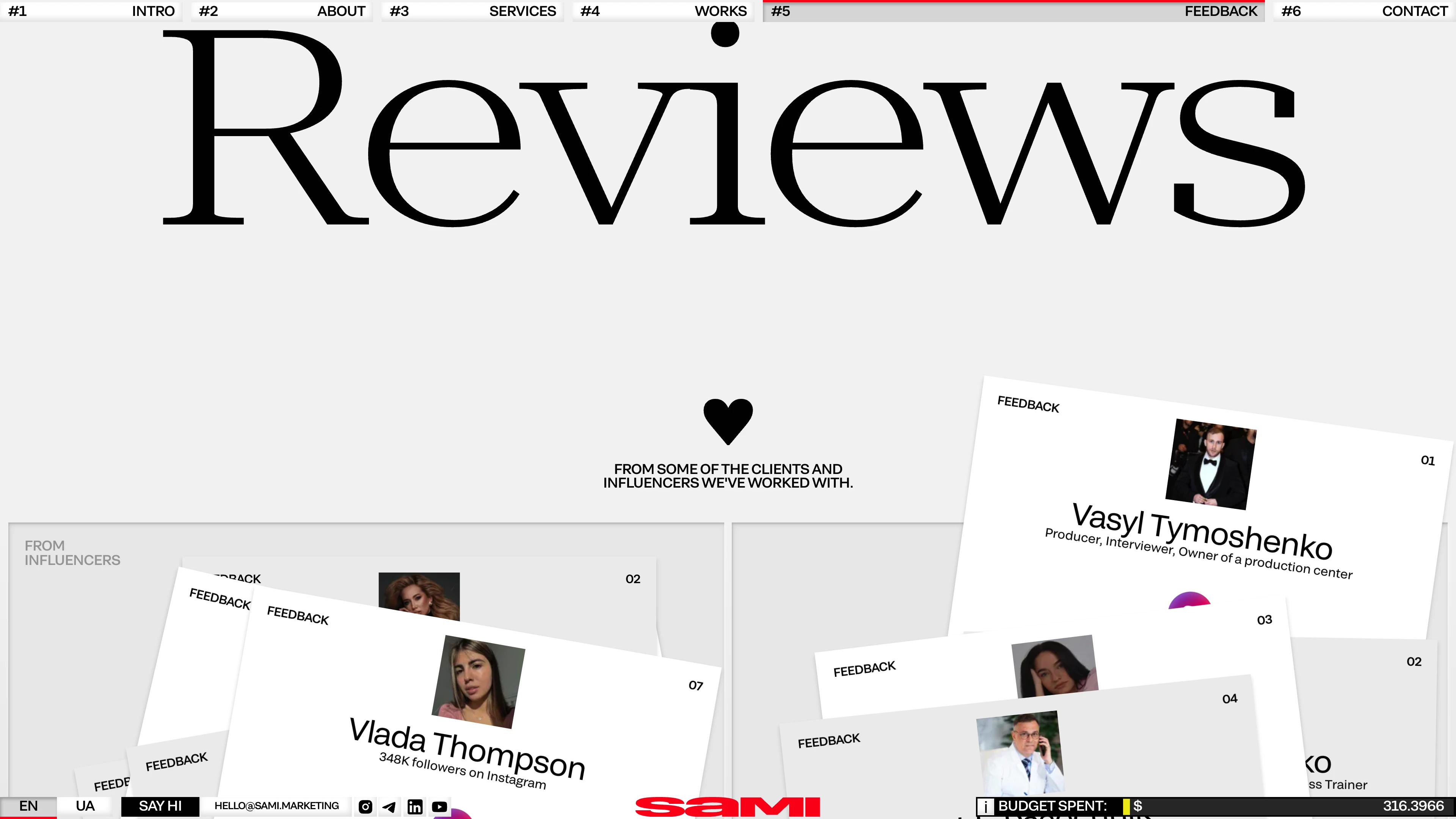 Full page screenshot of the SAMI website. Influence marketing & Personal brands. We work across different industries to …