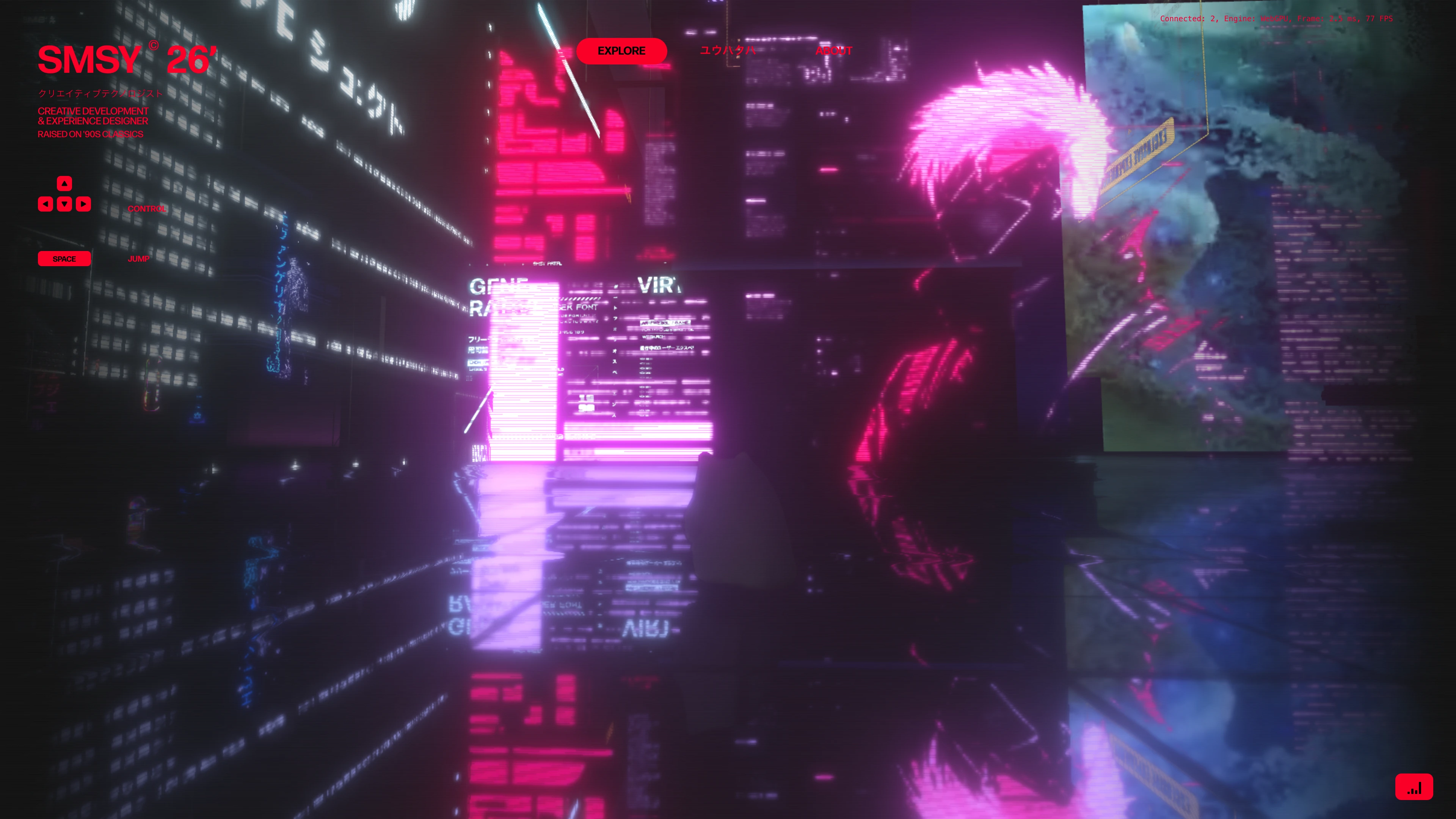 Full page screenshot of the SMSY-Gen02 website. Award winning Creative Graphics Engineer specializing in WebGPU, WebGL, …