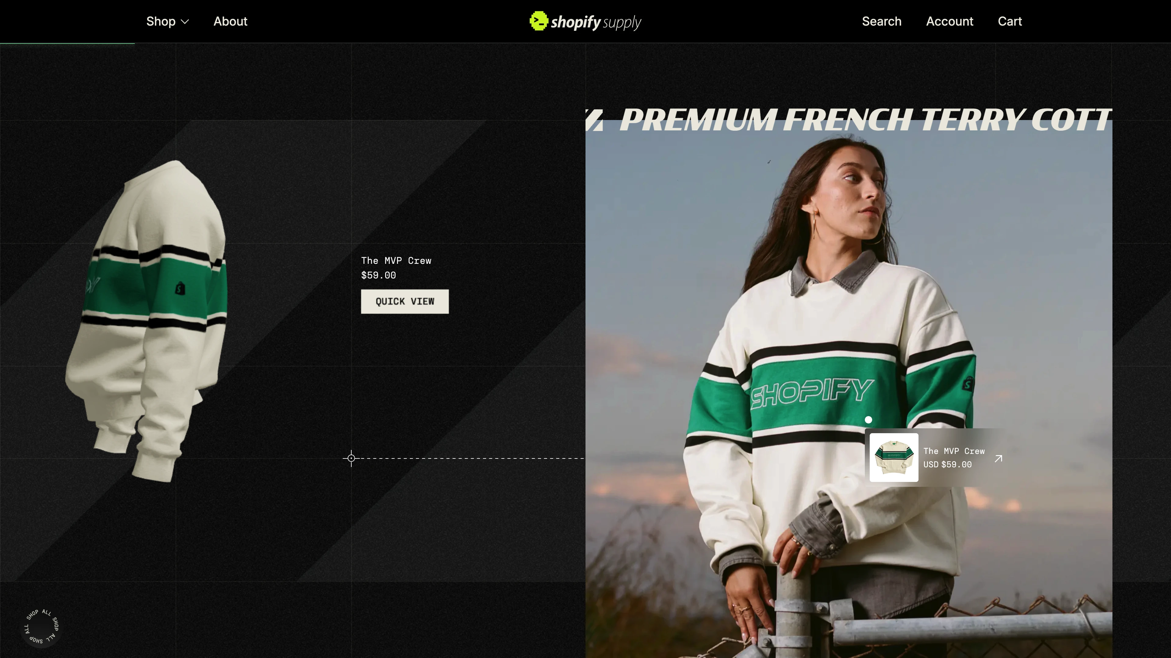 Full page screenshot of the Shopify Supply website. Shopify Supply — the store designed for the commerce community. Our store runs …