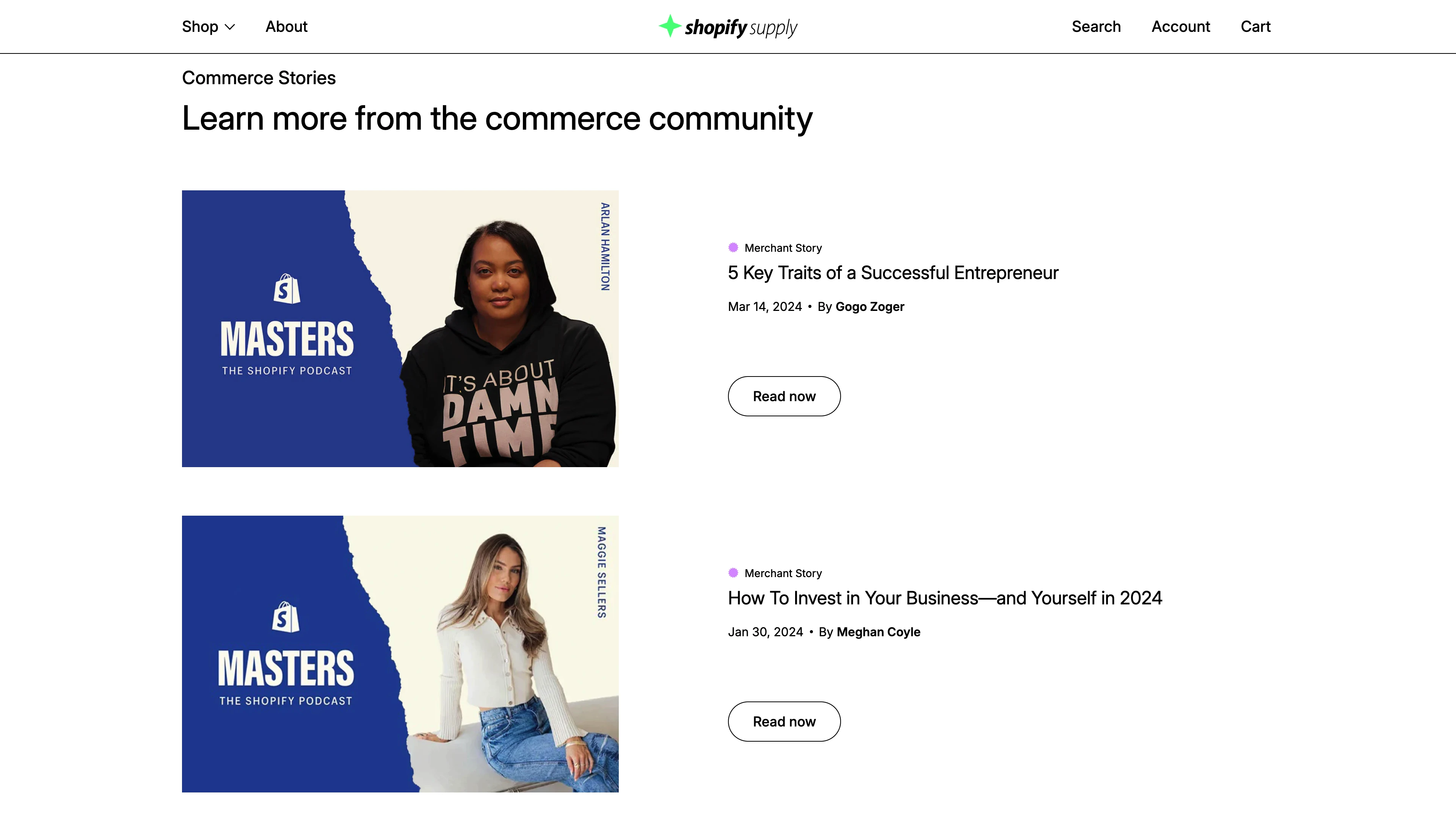 Full page screenshot of the Shopify Supply website. Shopify Supply — the store designed for the commerce community. Our store runs …