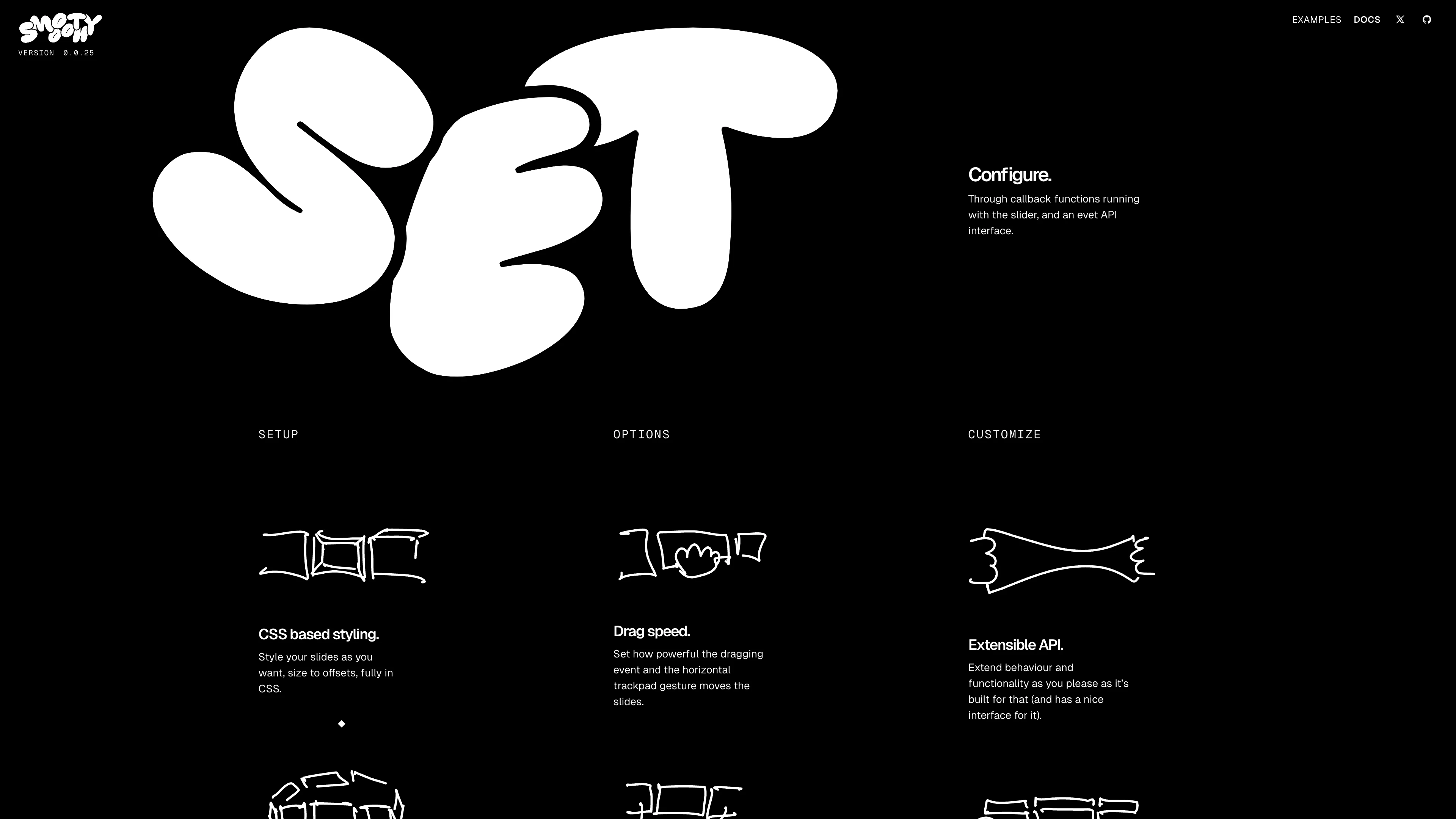 Full page screenshot of the Smooothy website. Smooth configurable extendable slider made for animation.
