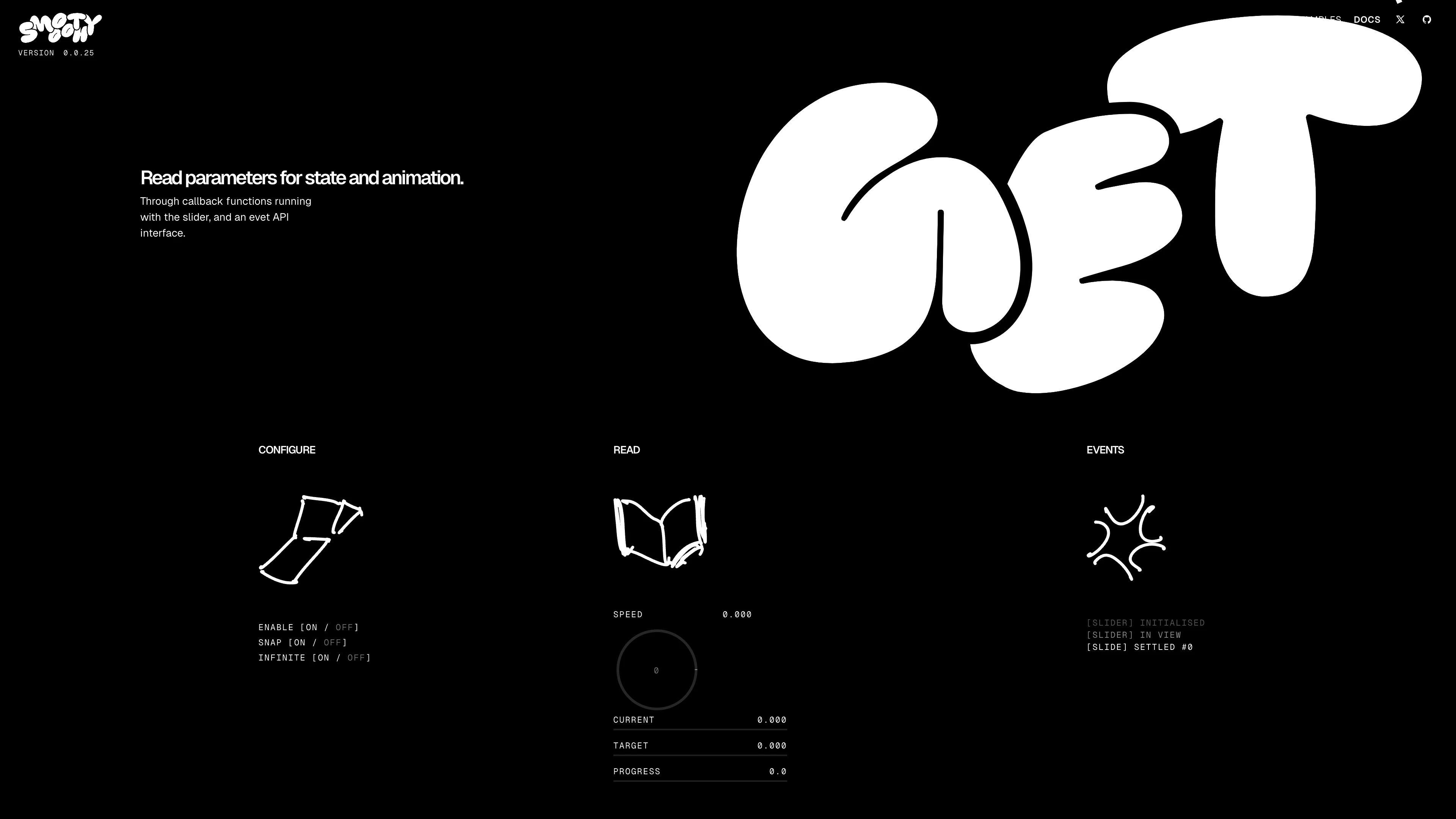 Full page screenshot of the Smooothy website. Smooth configurable extendable slider made for animation.