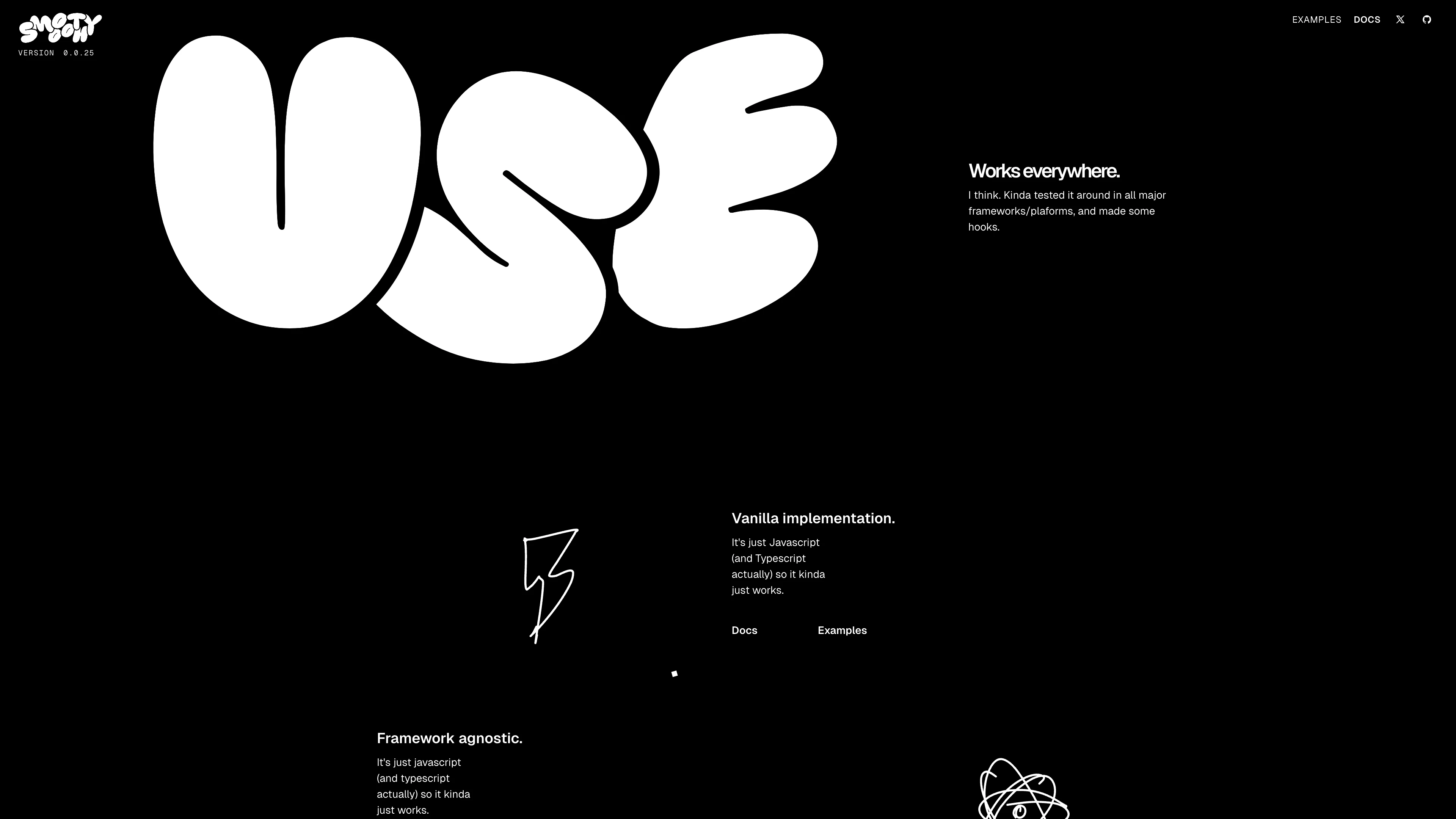 Full page screenshot of the Smooothy website. Smooth configurable extendable slider made for animation.
