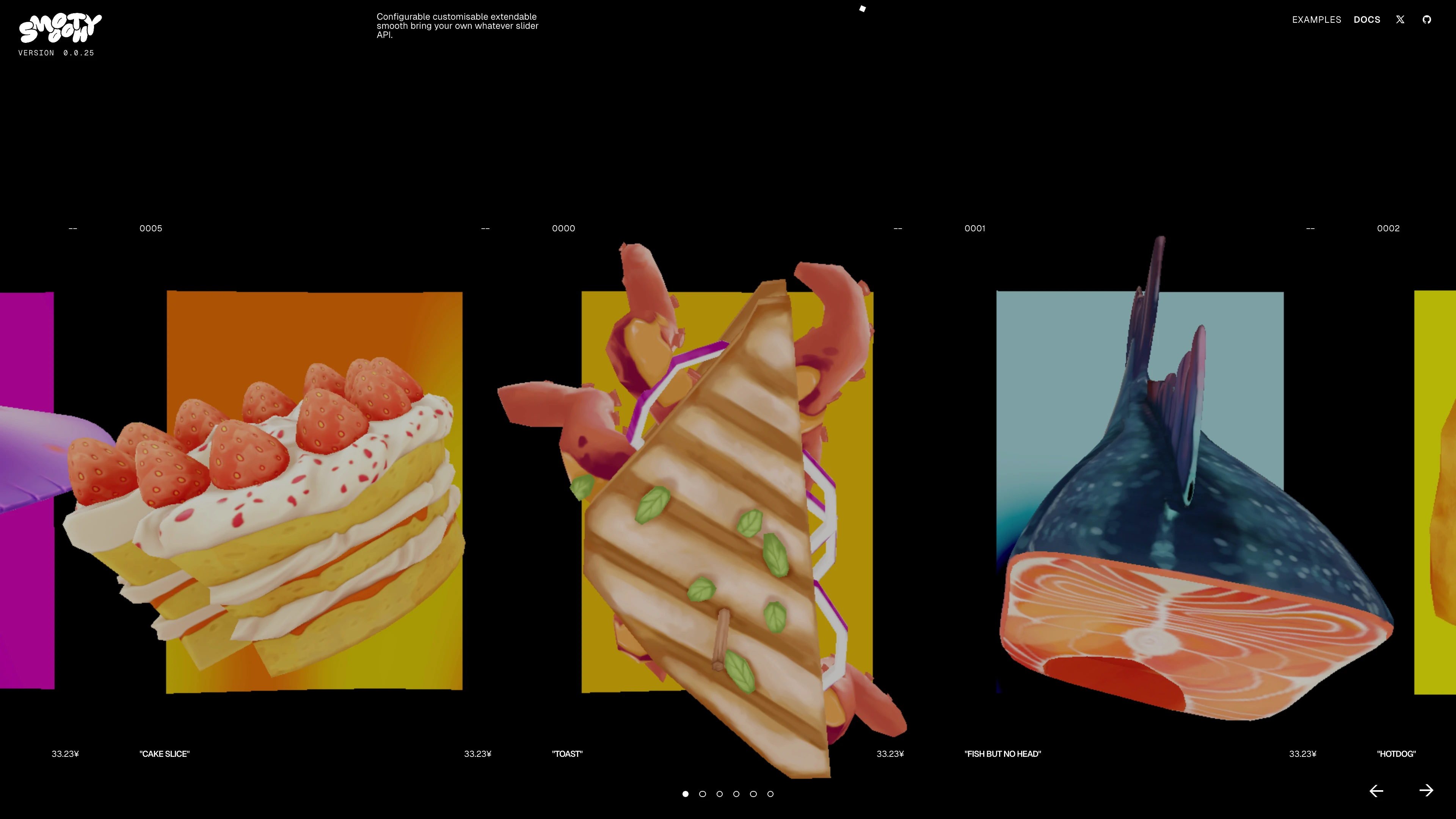 Full page screenshot of the Smooothy website. Smooth configurable extendable slider made for animation.