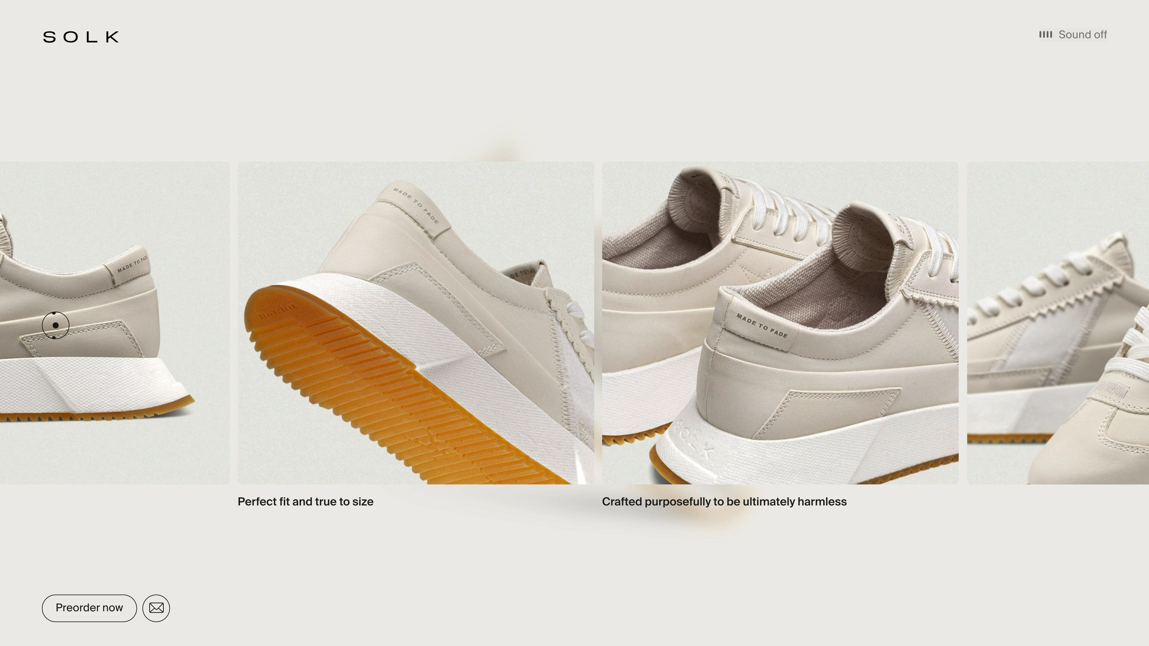 Full page screenshot of the SOLK website. Preorder the world’s first fully biocircular sneakers from SOLK — made to fade, …