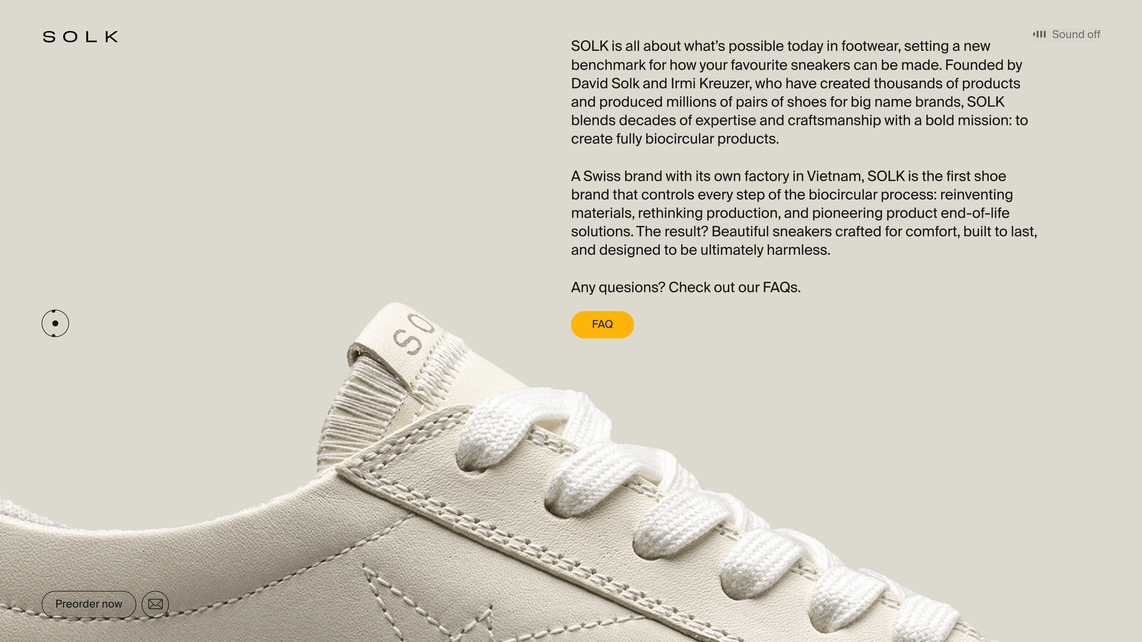 Full page screenshot of the SOLK website. Preorder the world’s first fully biocircular sneakers from SOLK — made to fade, …