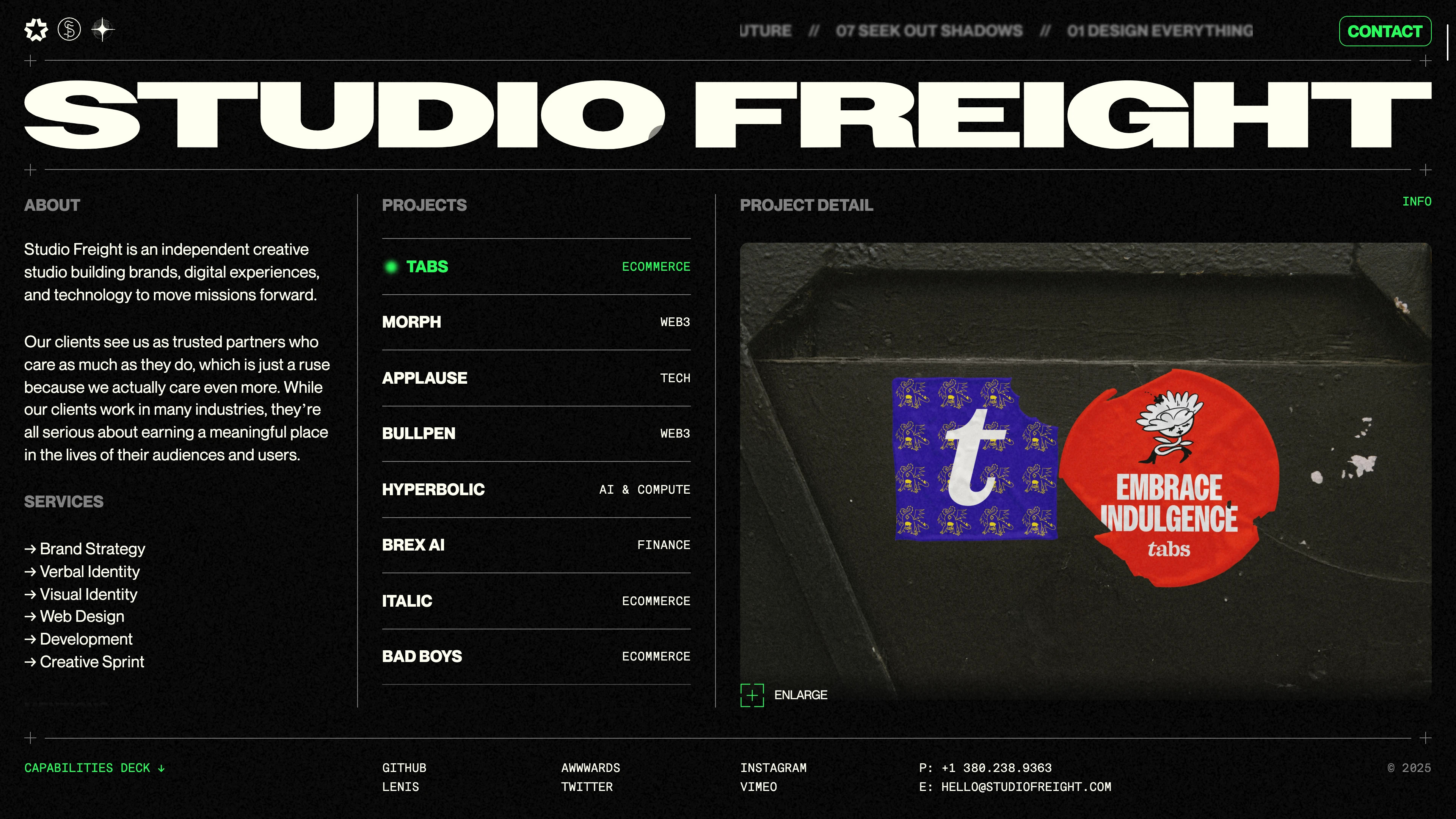 Full page screenshot of the Studio Freight website. Studio Freight is an independent creative studio building brands, digital …