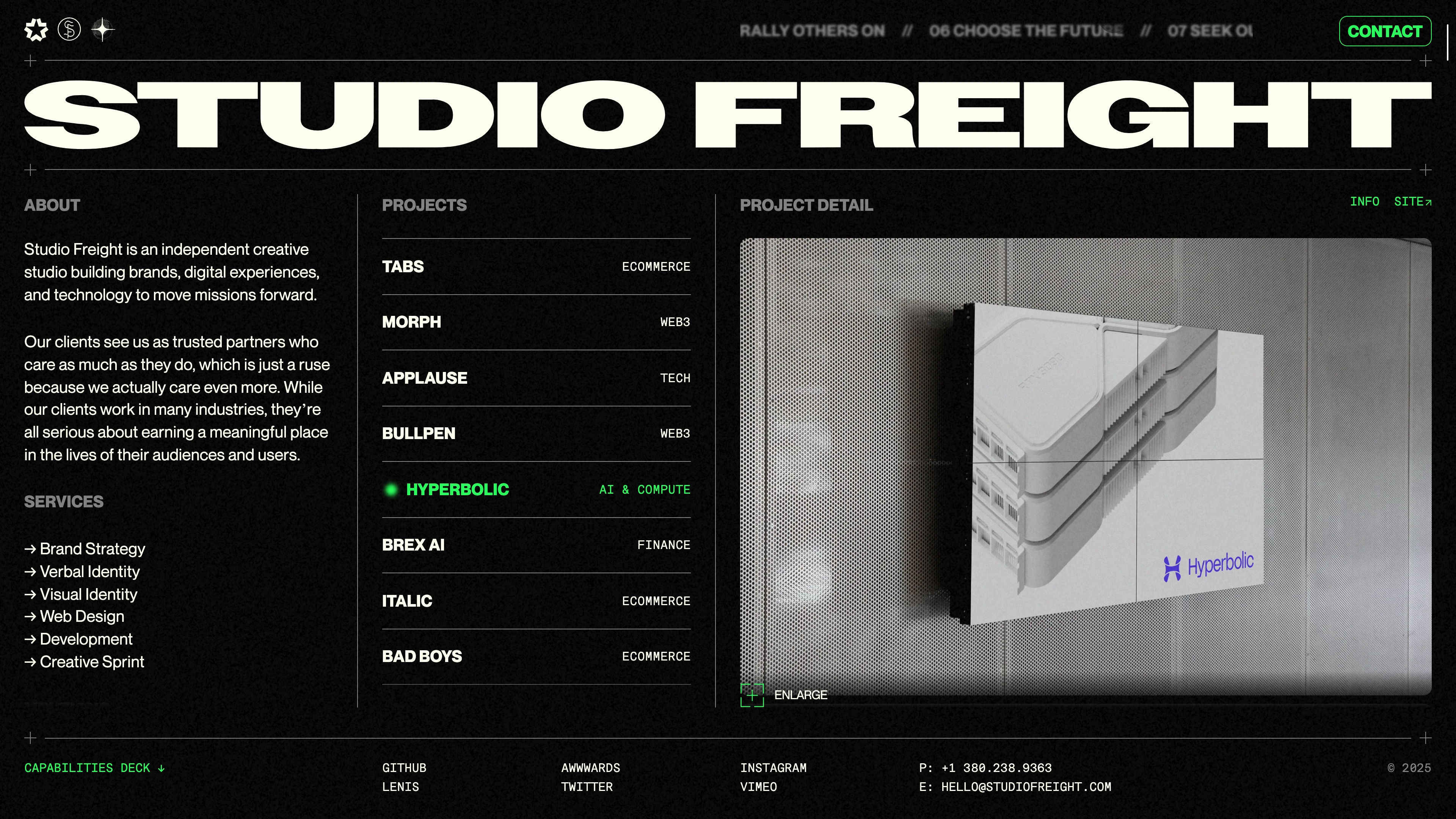 Full page screenshot of the Studio Freight website. Studio Freight is an independent creative studio building brands, digital …