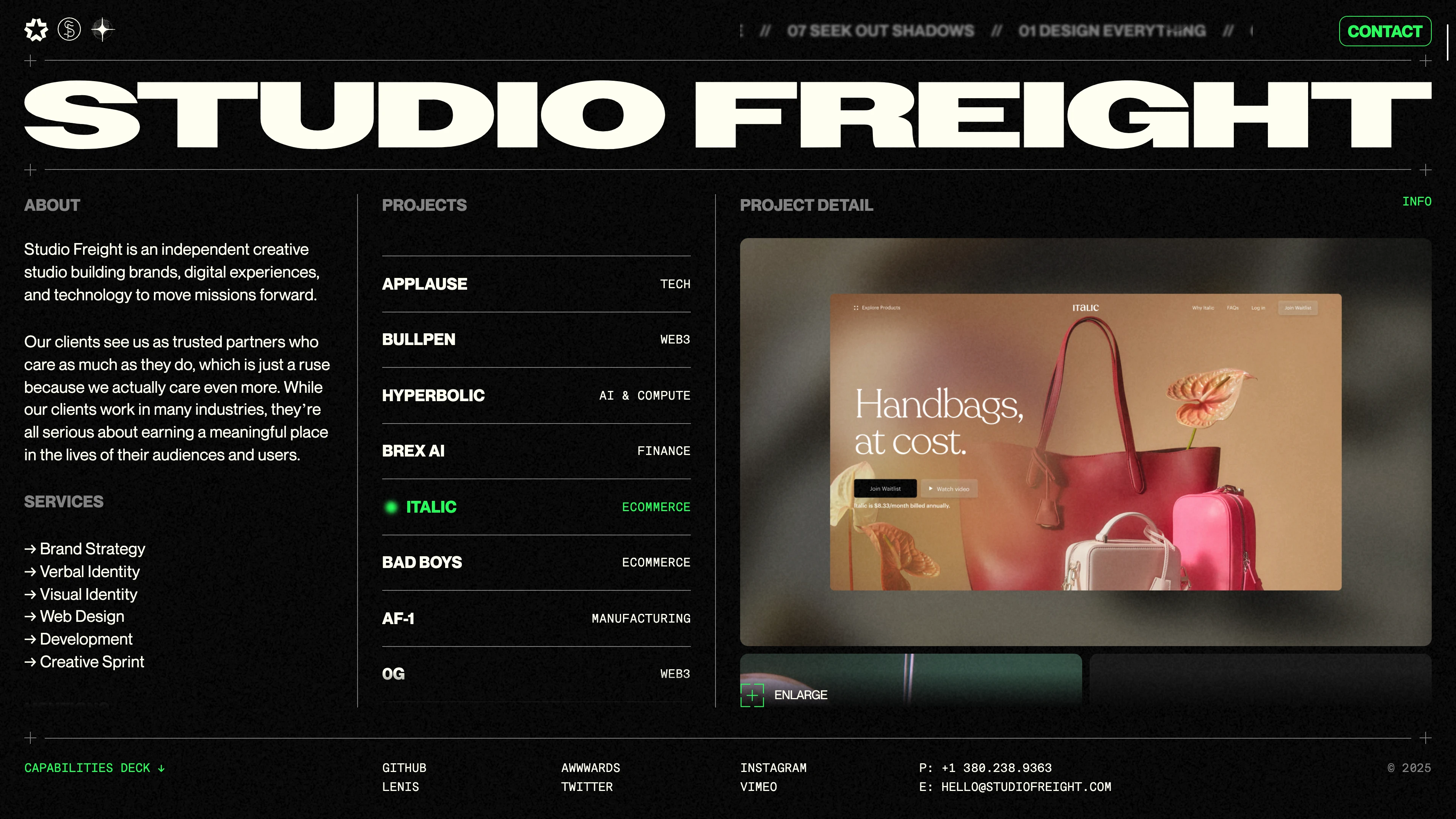 Full page screenshot of the Studio Freight website. Studio Freight is an independent creative studio building brands, digital …