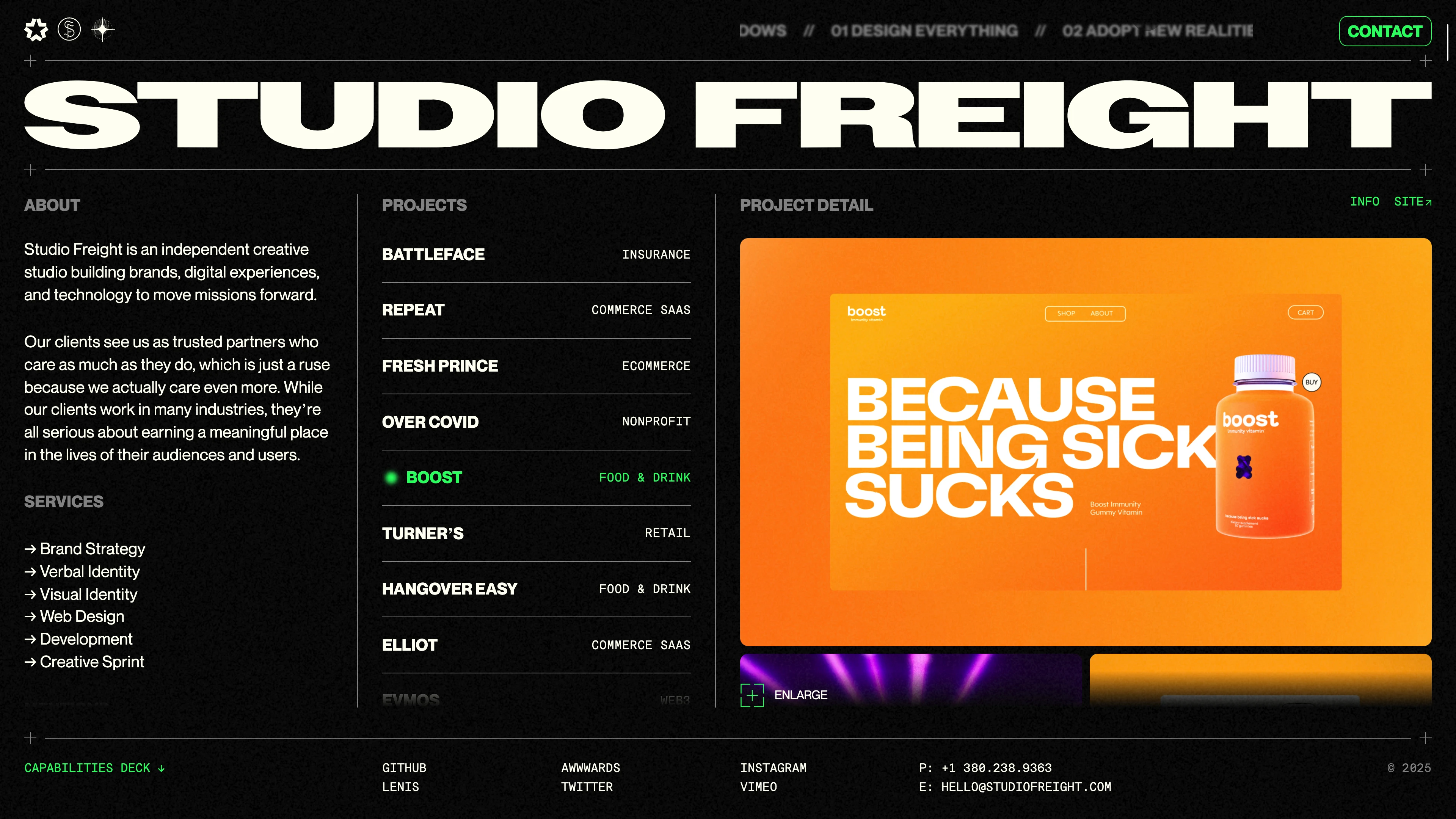 Full page screenshot of the Studio Freight website. Studio Freight is an independent creative studio building brands, digital …