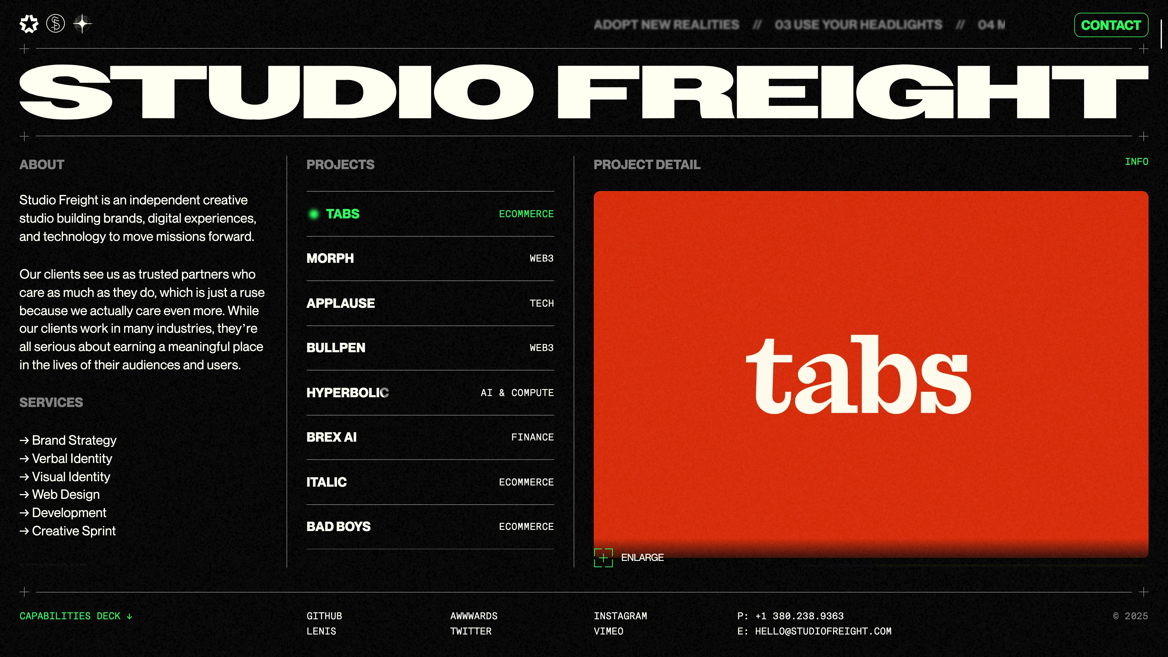 Full page screenshot of the Studio Freight website. Studio Freight is an independent creative studio building brands, digital …