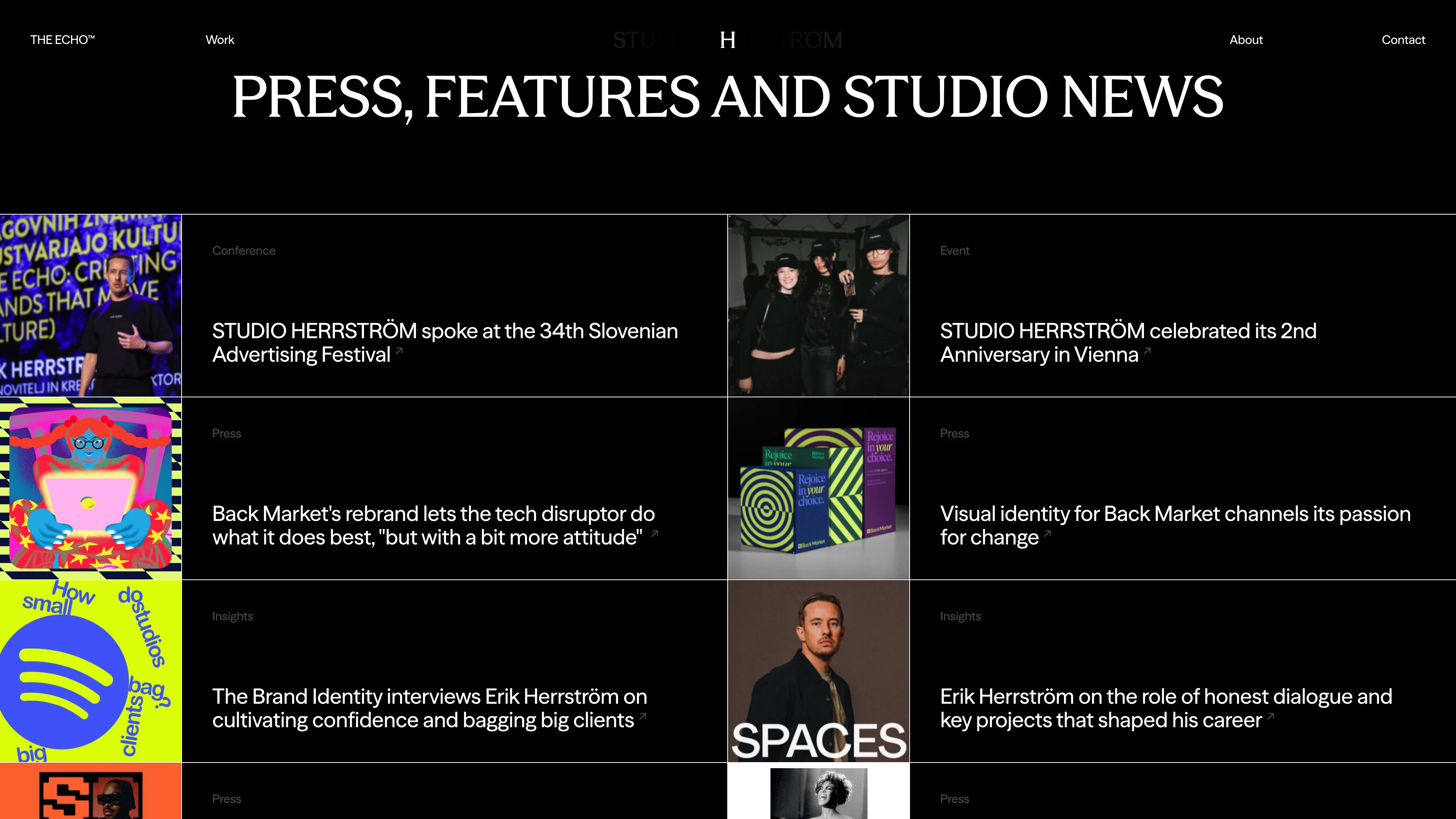 Full page screenshot of the STUDIO HERRSTRÖM website. STUDIO HERRSTRÖM is a global design studio shaping brands in music, tech, and …