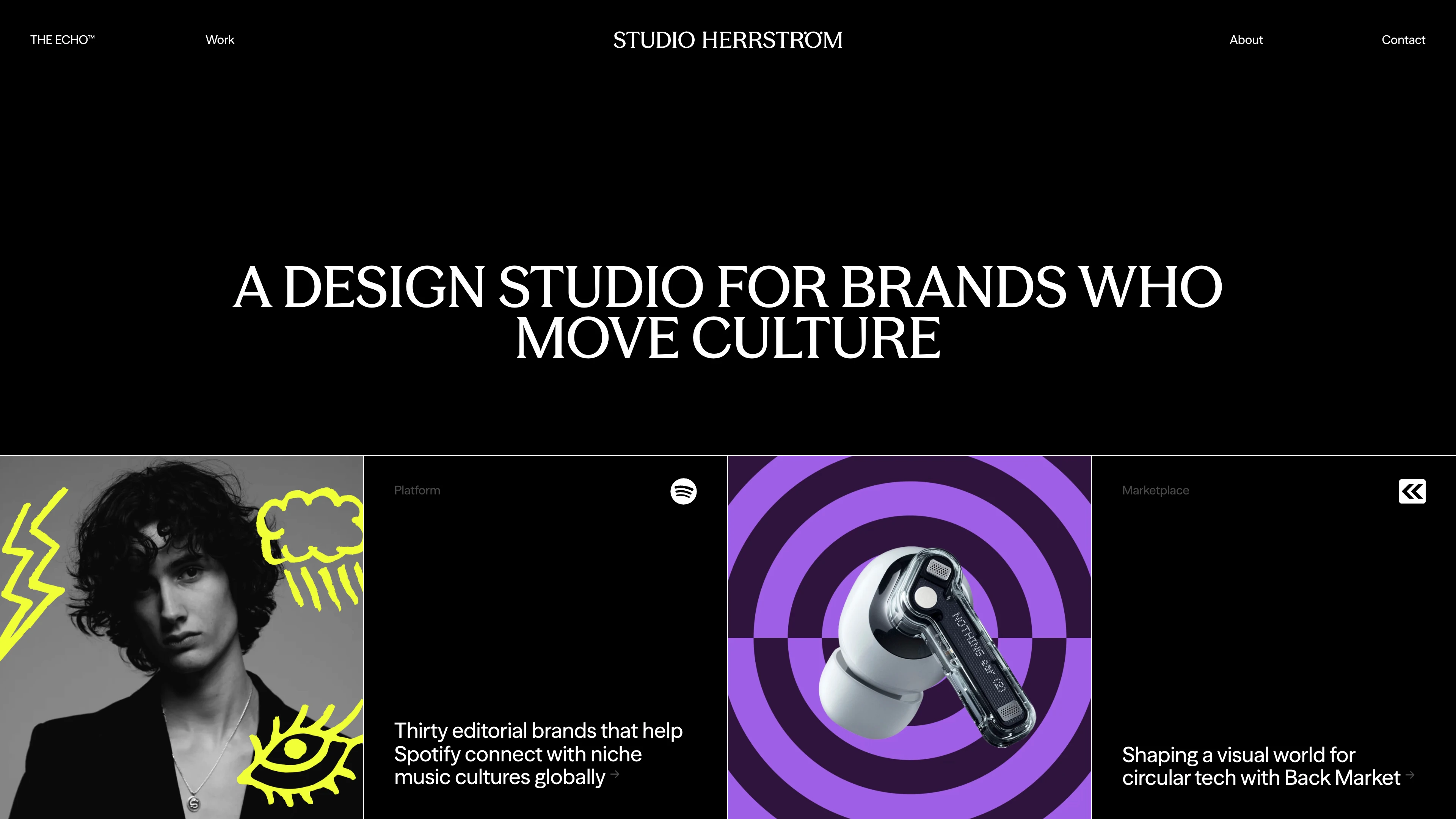 Full page screenshot of the STUDIO HERRSTRÖM website. STUDIO HERRSTRÖM is a global design studio shaping brands in music, tech, and …