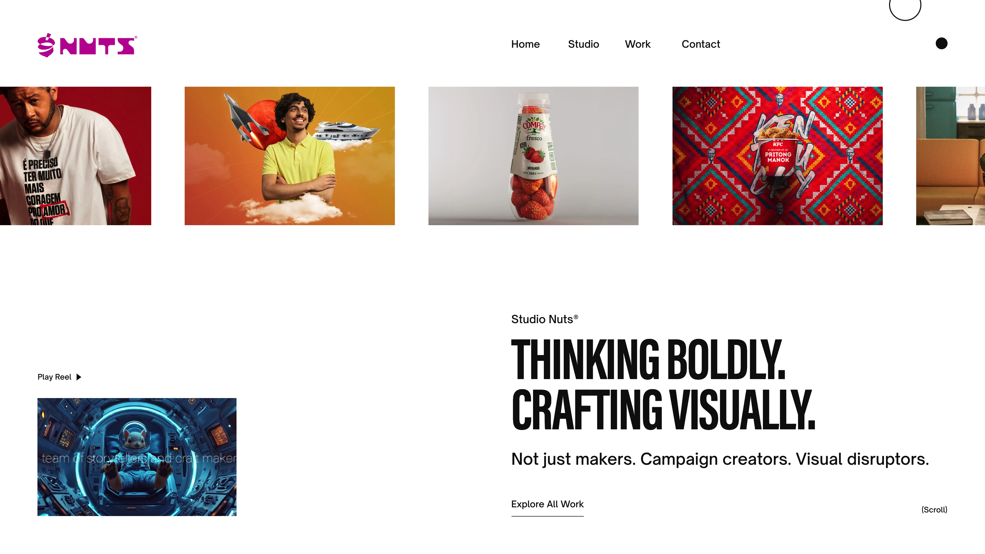 Full page screenshot of the StudioNuts website. A collective creative studio of highly skilled visual graphics artisans craving …