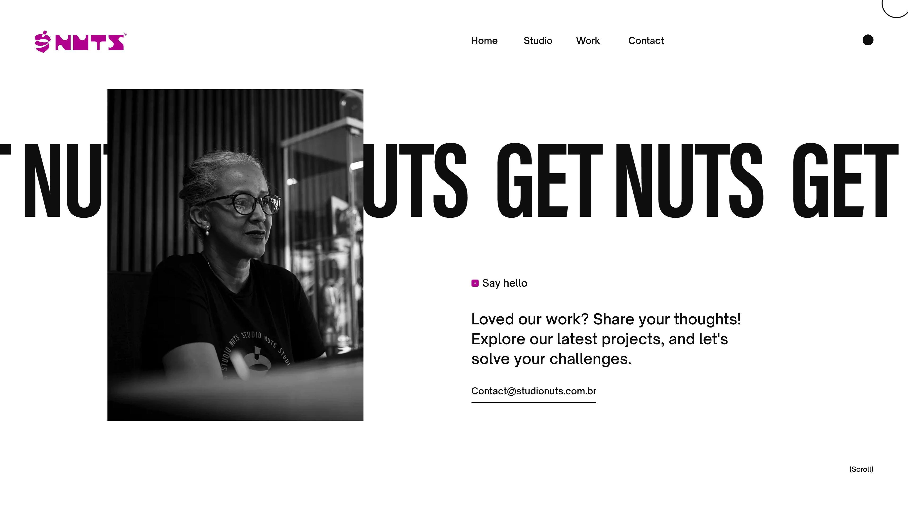 Full page screenshot of the StudioNuts website. A collective creative studio of highly skilled visual graphics artisans craving …