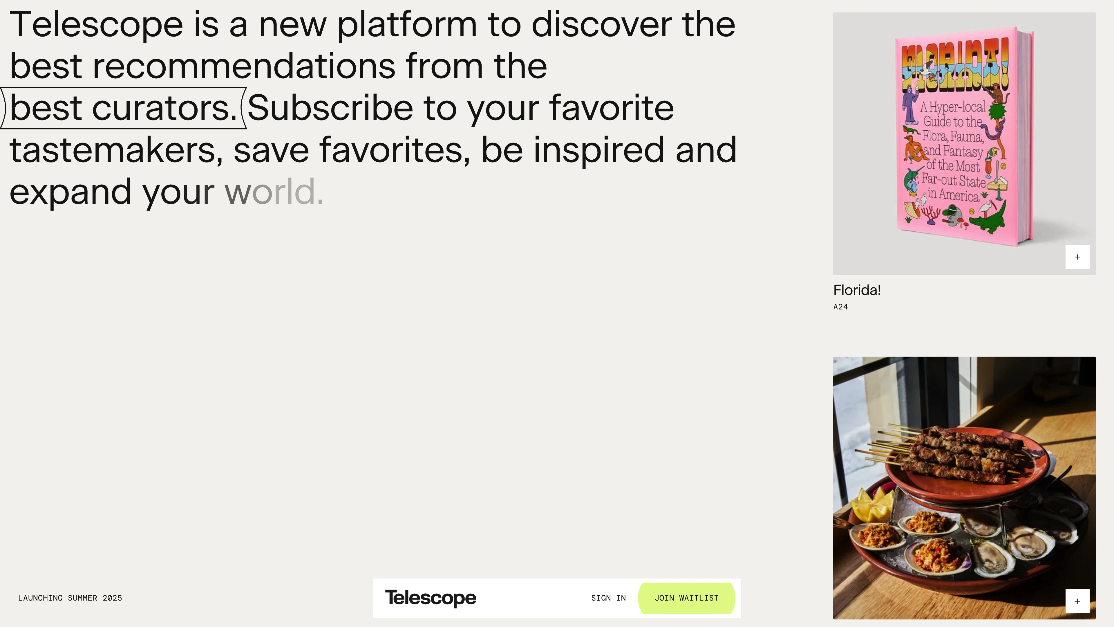 Full page screenshot of the Telescope website. Telescope is a new platform to discover the best recommendations from the best …