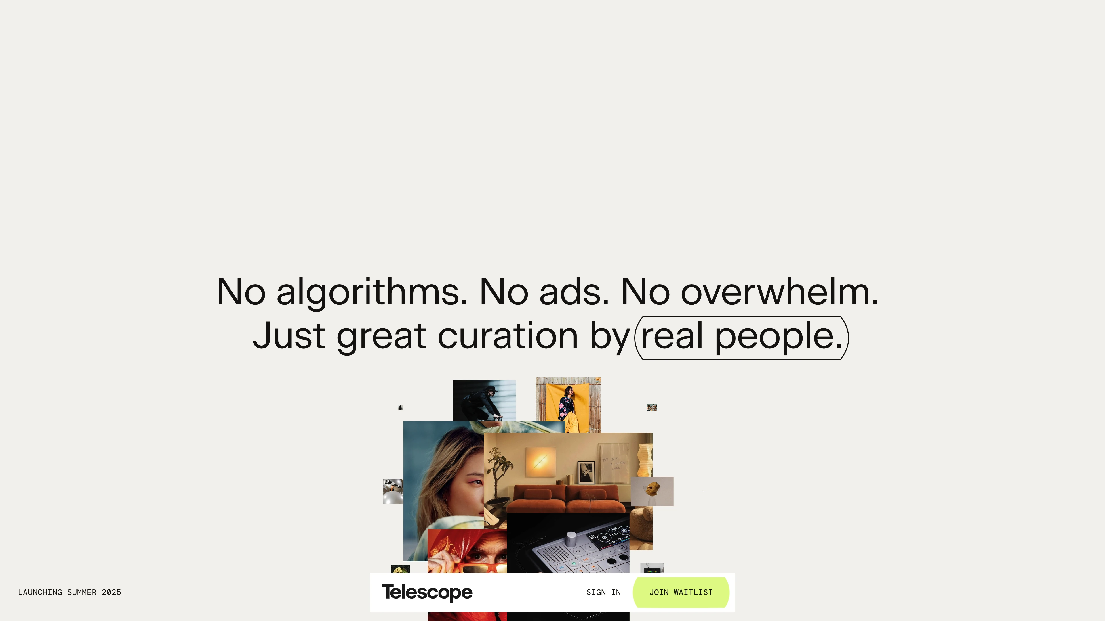Full page screenshot of the Telescope website. Telescope is a new platform to discover the best recommendations from the best …