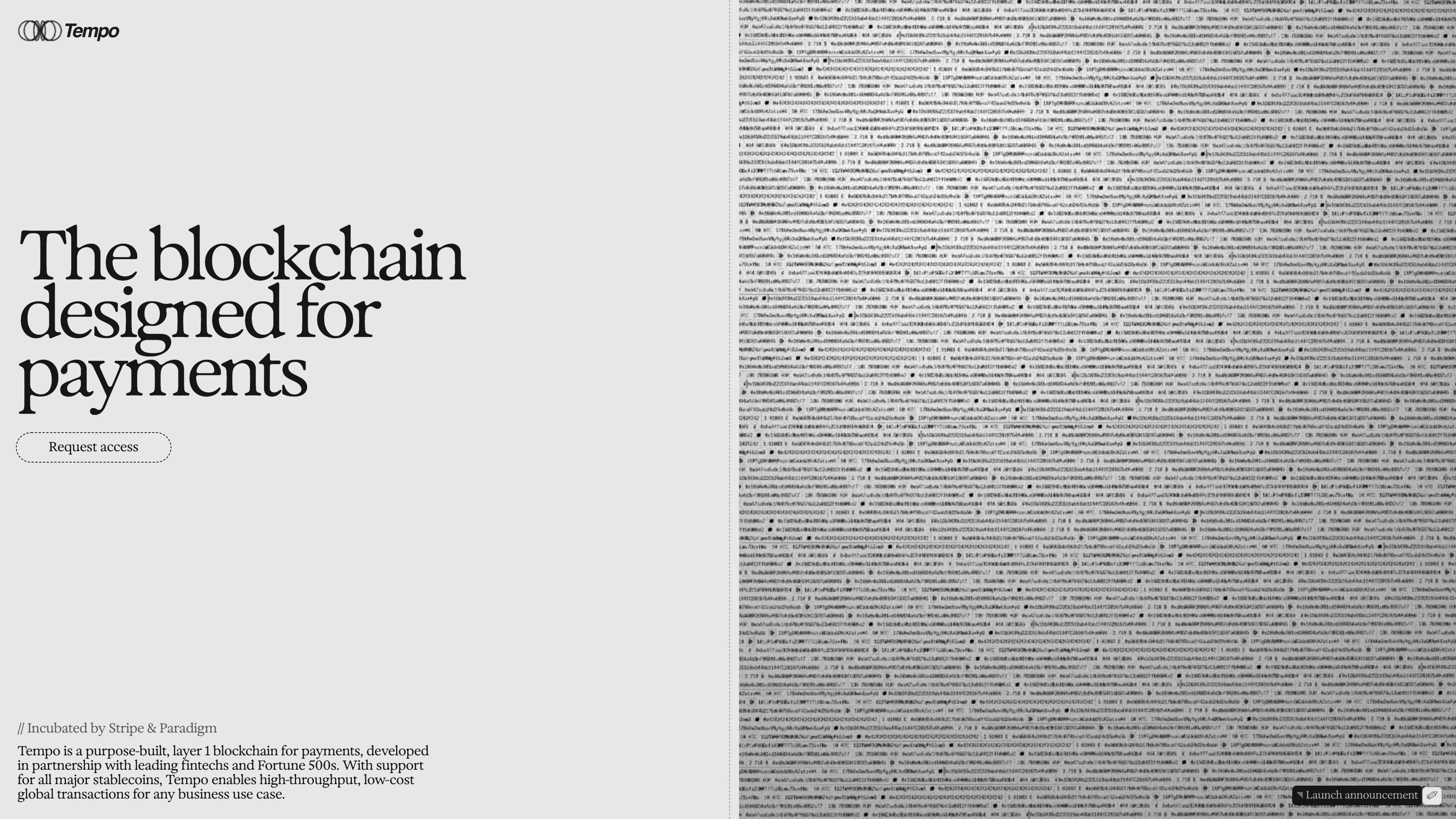 Full page screenshot of the Tempo website. The blockchain designed for payments. A neutral, permissionless blockchain …