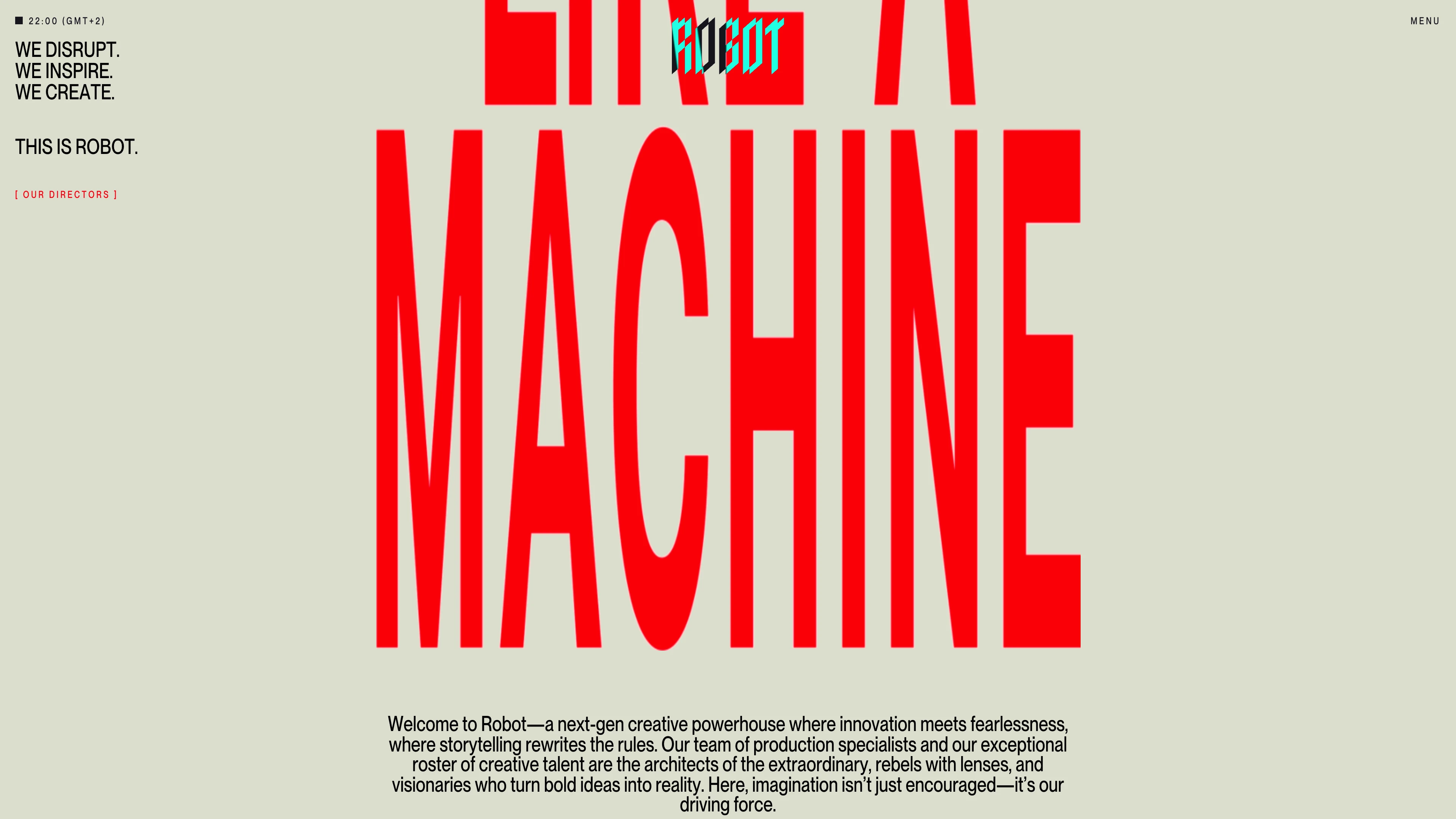 Full page screenshot of the Robot website. Welcome to Robot—a next-gen creative powerhouse where innovation meets …